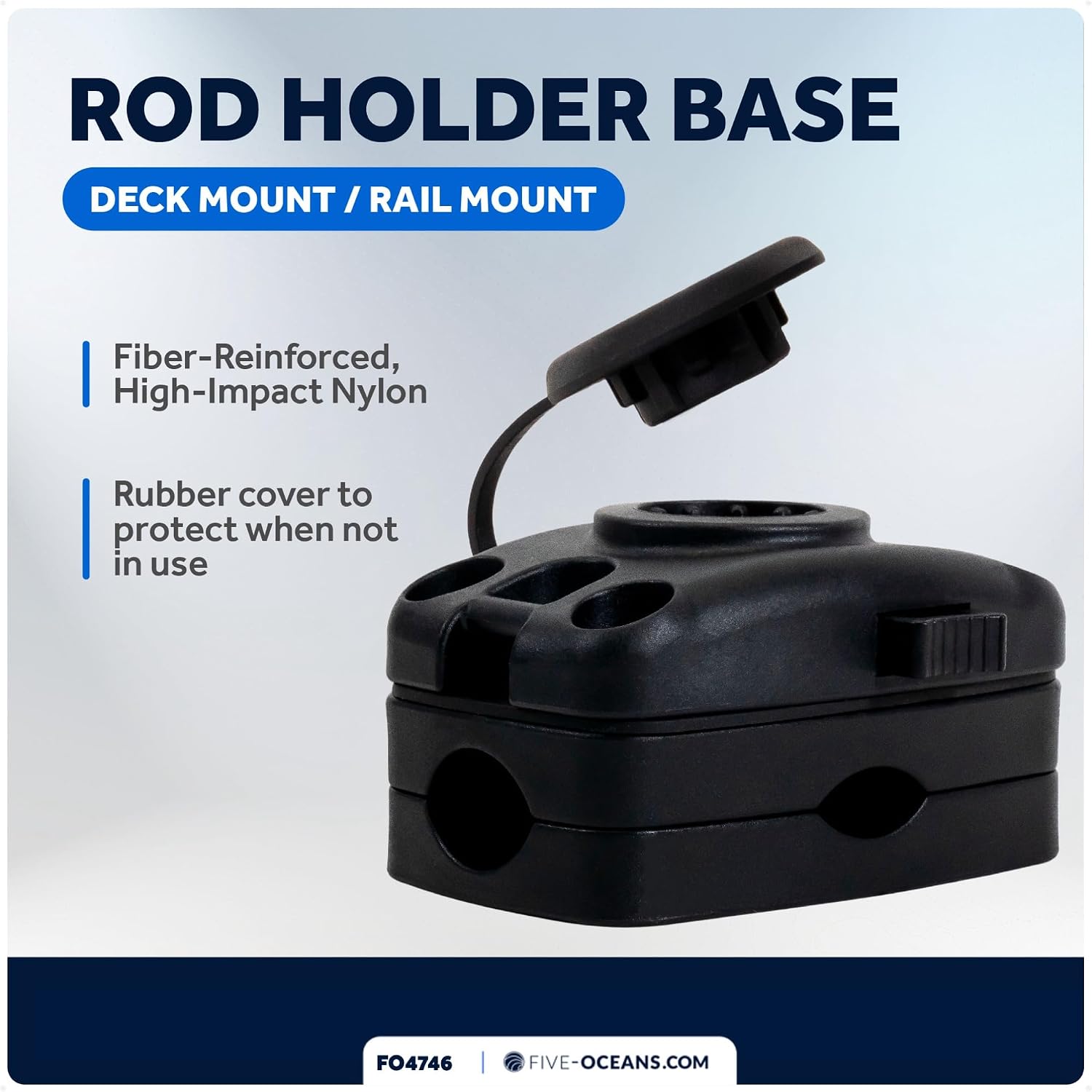 Five Oceans Fishing Rod Holder, with Deck Mount Base, Black, High-Impact Nylon, Multiple Sizes