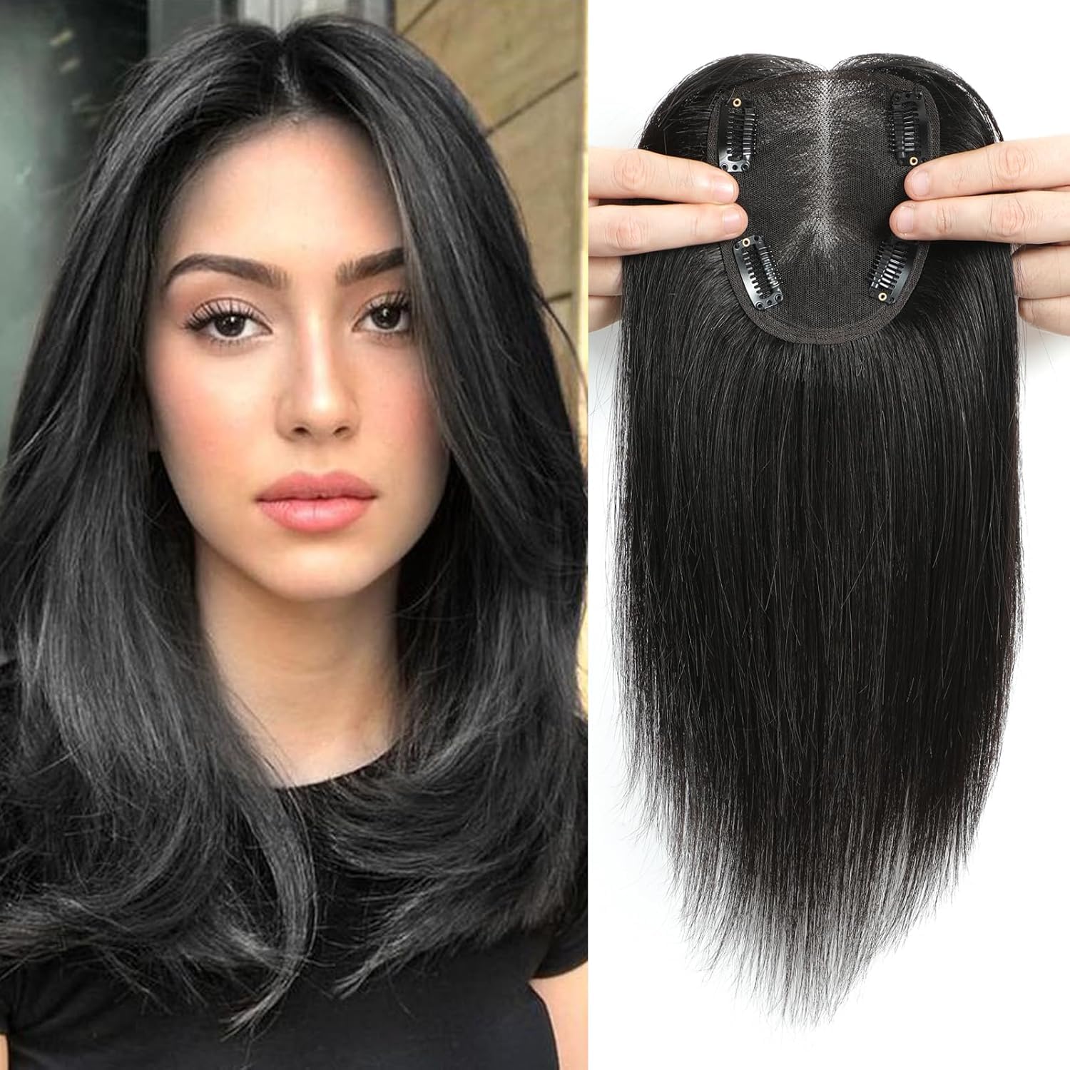 Miss Lirenn® 4 Clip (4 x 4 inch Silk Base) Light Weight, Middle Partition Hair Topper for Women with Thinning Hair 18 Inch Long Hair Extension for Women -Jet Black Color-image-9