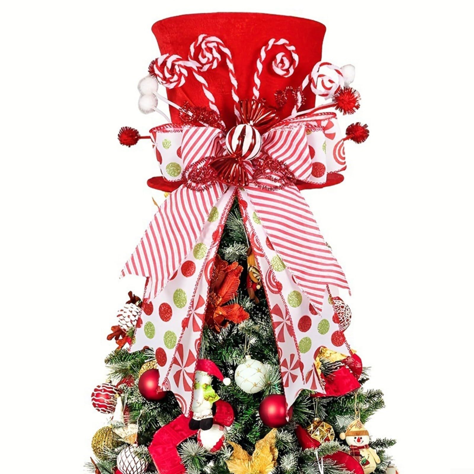 Christmas Tree, Foldable Christmas Tree Hat with Bow Decoration Washable Cloth Festive Holiday Ornament, for Home Party Table Centerpiece Red White Green