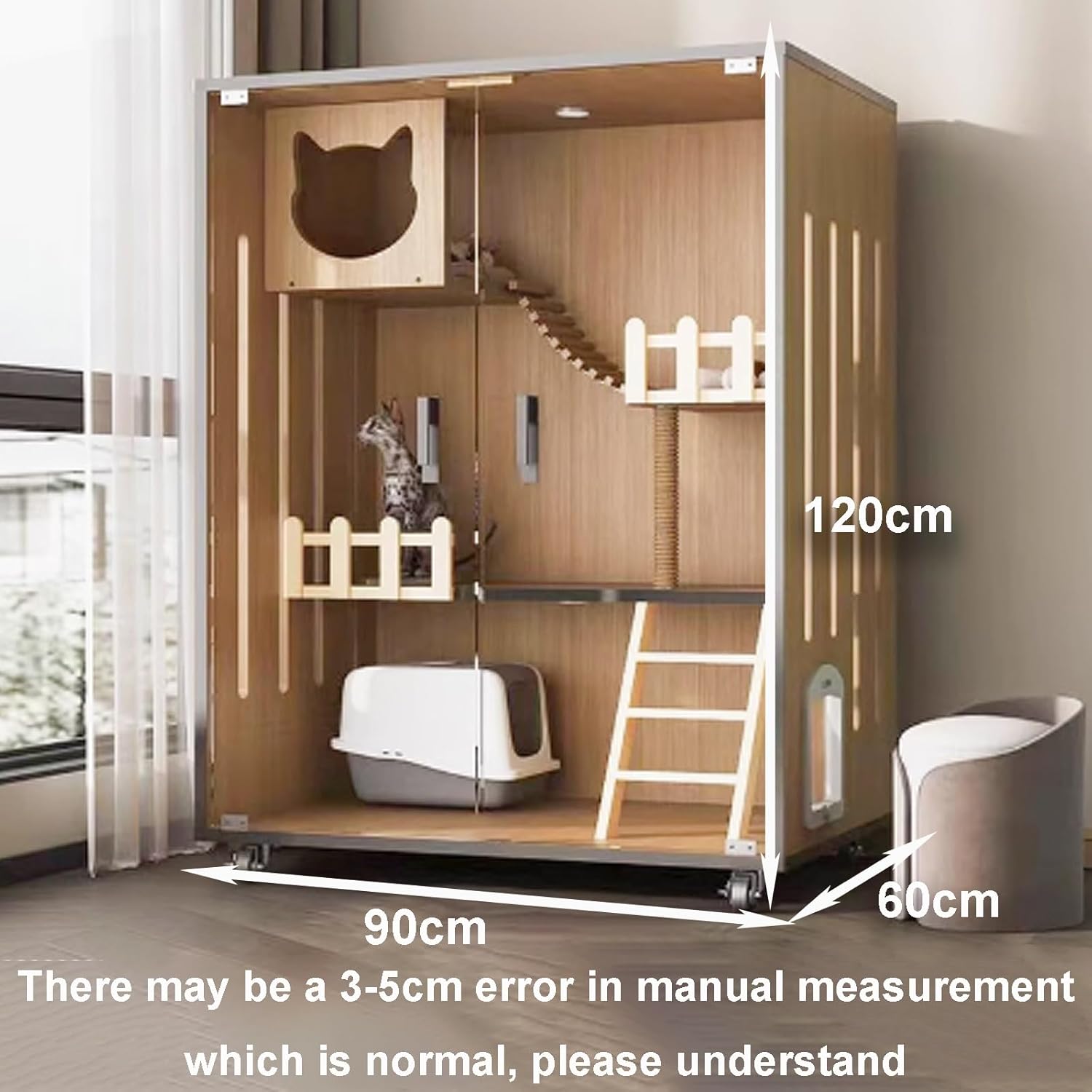 Cat Cage, Catio Indoor Cat Enclosure, Cat Playpen with Top Cover, Cat Crate, Cat House with Wheels and Night Light for Rabbits, Small Animals(with Side Door,90x60x120cm)