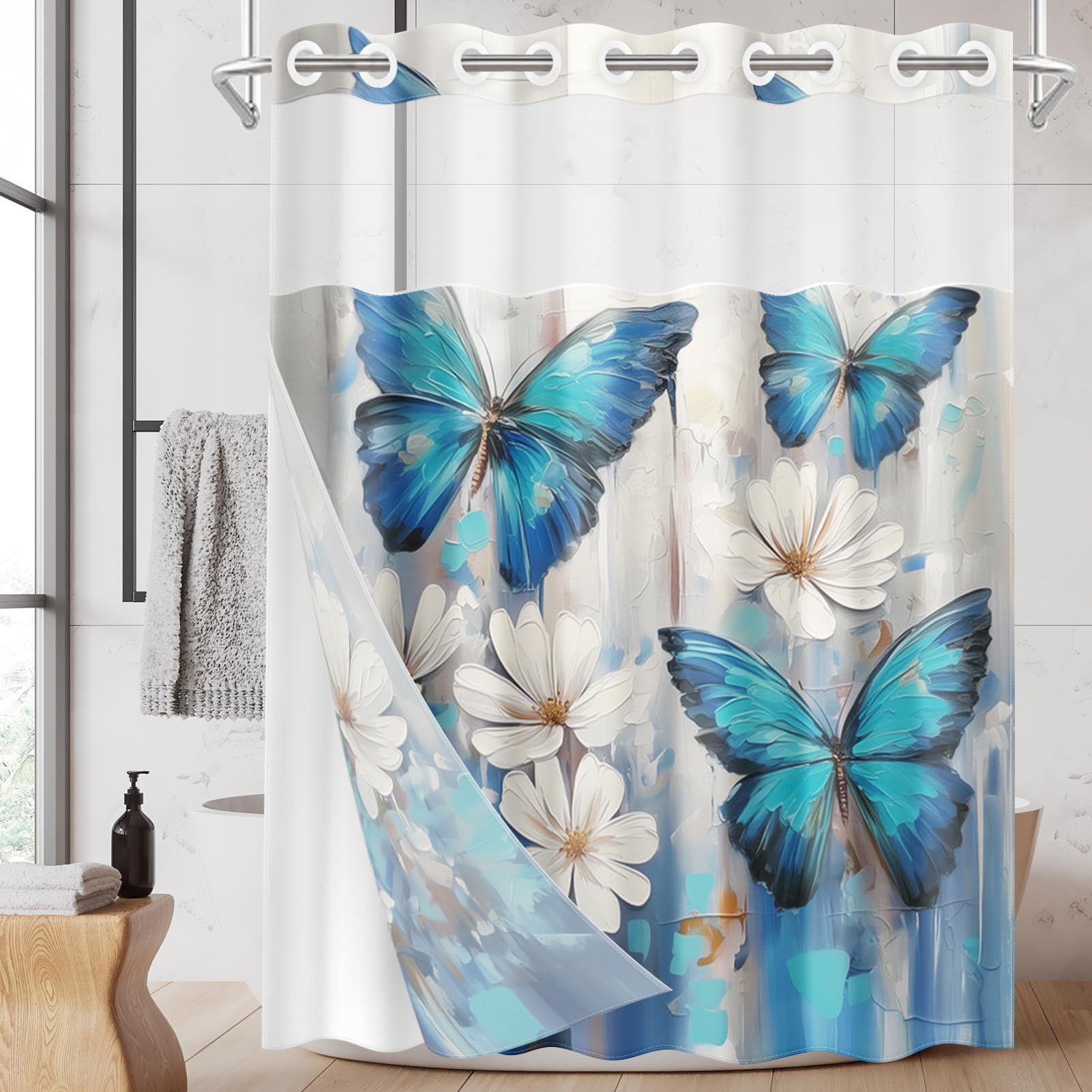 Nesphy No Hook Blue Butterfly Shower Curtain with Snap in Fabric Liner Set, White Flowers Oil Painting Double Layers Waterproof Fabric with See