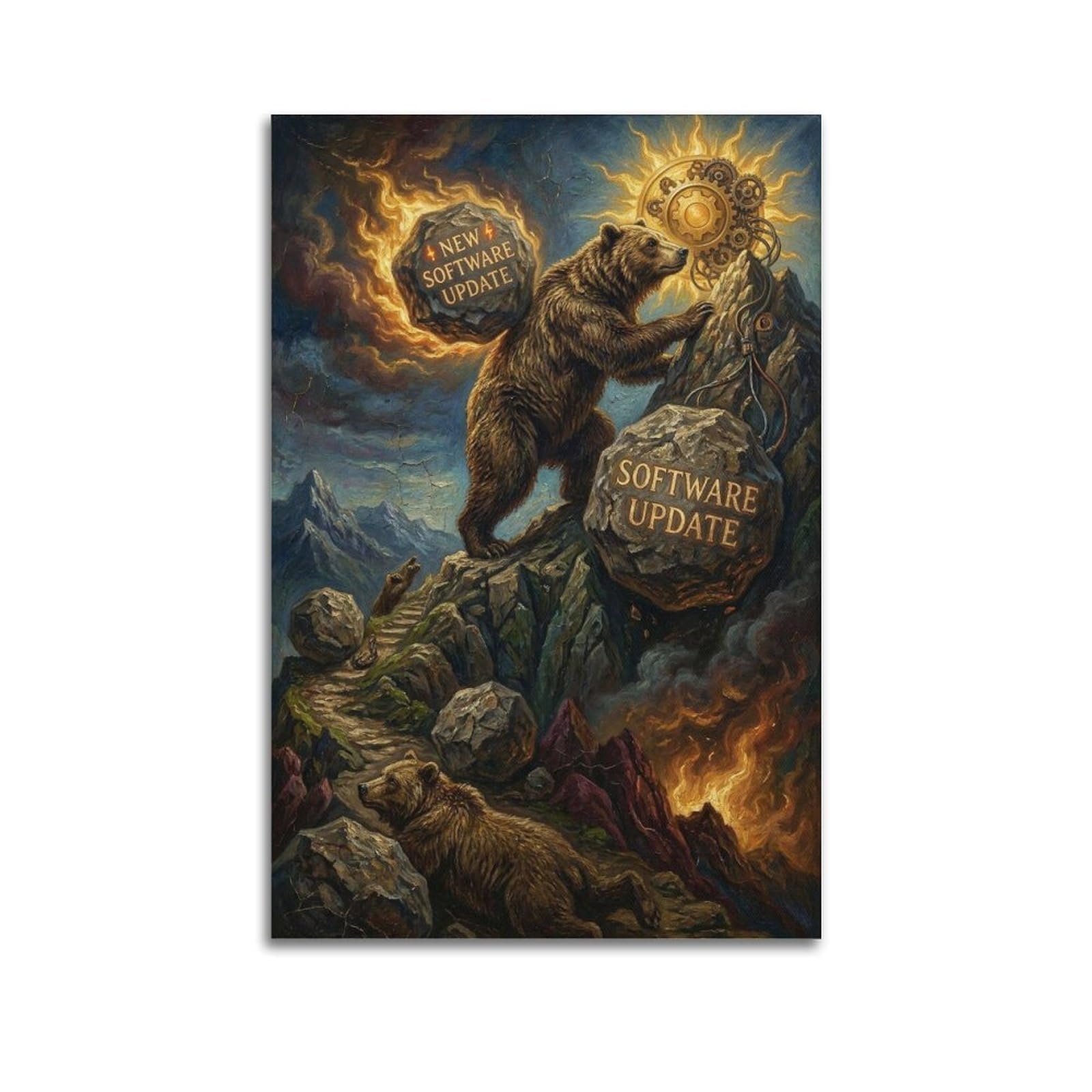 XKUGA Surreal Vintage Animal Poster Bear Software Update Satire Modern Decorative Canvas Prints - Ideal Wall Art for Family, Man Cave, Game Room, Boys & Girls Bedroom 20x30inch(50x75cm)