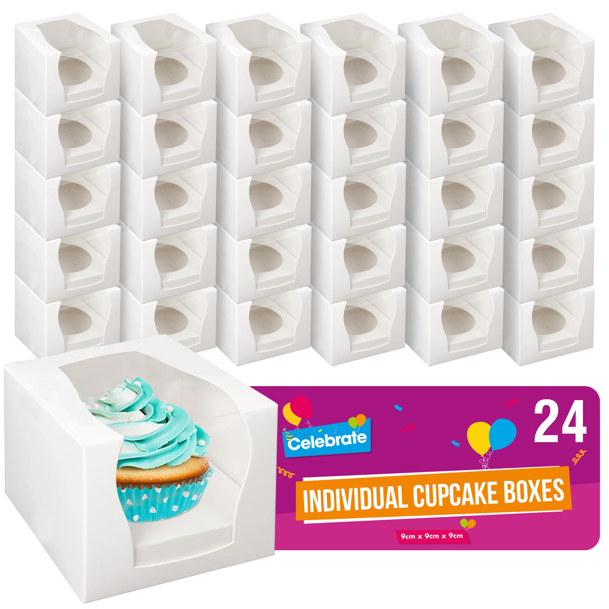 Sol White 24Pk Individual Cupcake Boxes 9X9x9cm Single Cupcake Boxes Individual With Window For Parties Weddings Birthdays Events Durable Cup Cake Packaging For Bakery Desserts Transport Storage