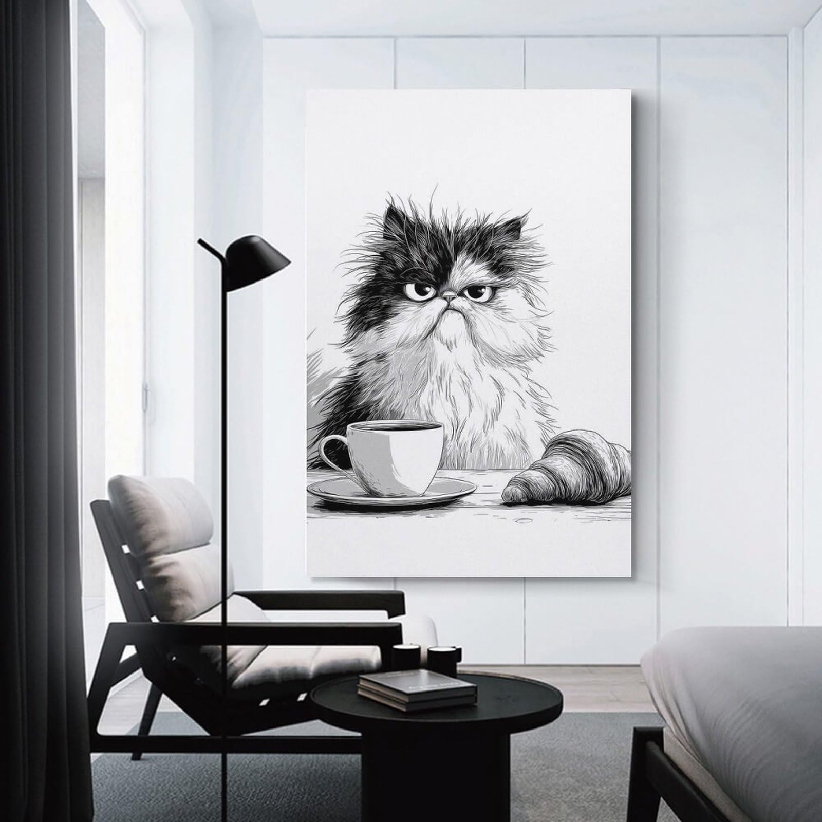 Junmoney Unframe-Style-2 Grumpy Cat With Coffee And Croissant Home Decor Wall Art 20X30inch(50X75cm), For Restful Interiors, Bedrooms Or Small Rooms, Decorative Wall Art For Cosy Rooms