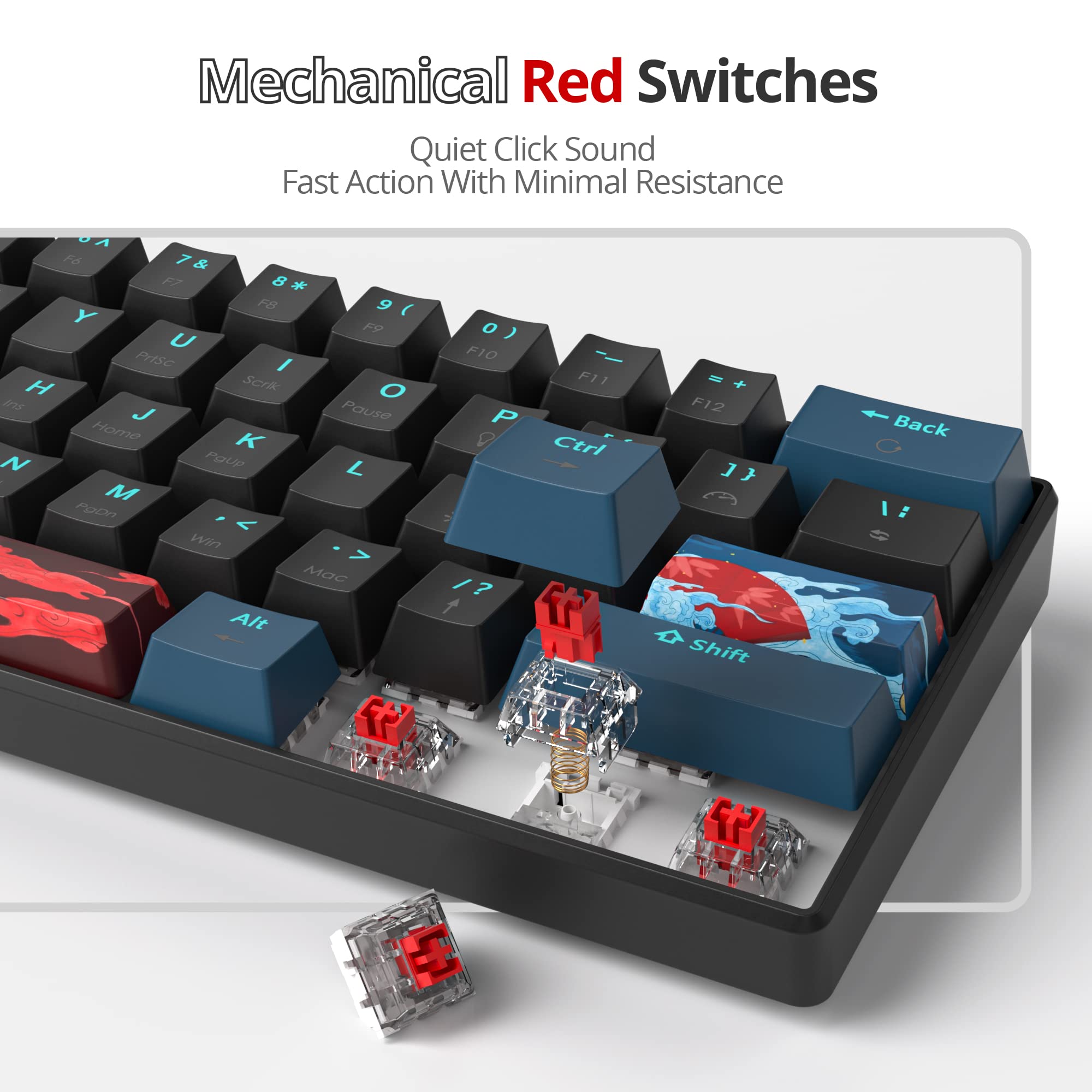 Tastiera Meccanica 60% 61 Tasti Con Switch Rossi Lineari, Retroilluminazione LED Arcobaleno E Keycaps PBT