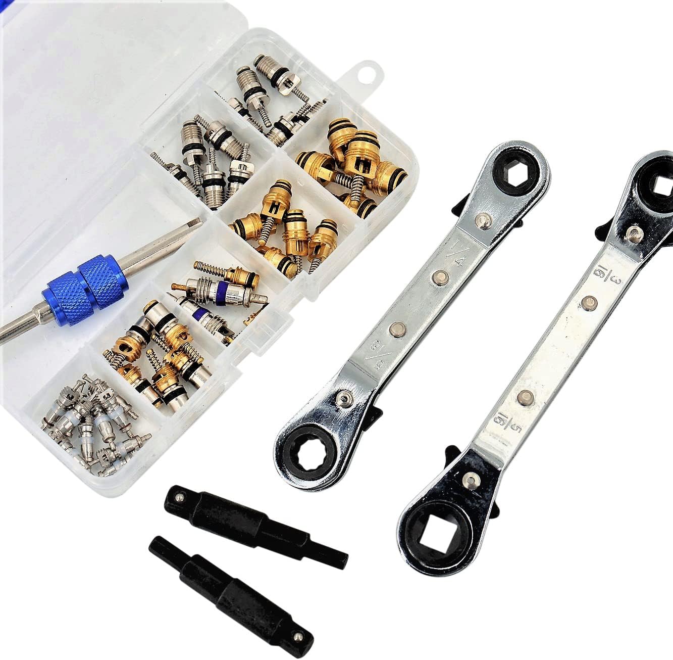 A/C Repair Starter Kit | HVAC Service Ratchet Wrenches (2) - Settings: 1/4" - 3/8" - 3/16" - 5/16" | Valve Core Assortment Set for R12 - R134a Refrigeration Leak Fix | Wrench Includes Hexagon Bits