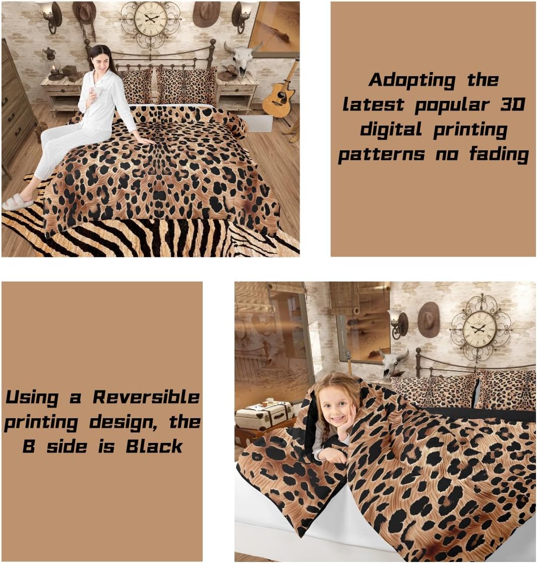 jejeloiu Leopard Kids Comforter Set Full Size Cheetah Bedding Set Animal Print Duvet Quilt for Kids Boys Girls Bedroom Safari Decor Microfiber Ultra Soft Breathable