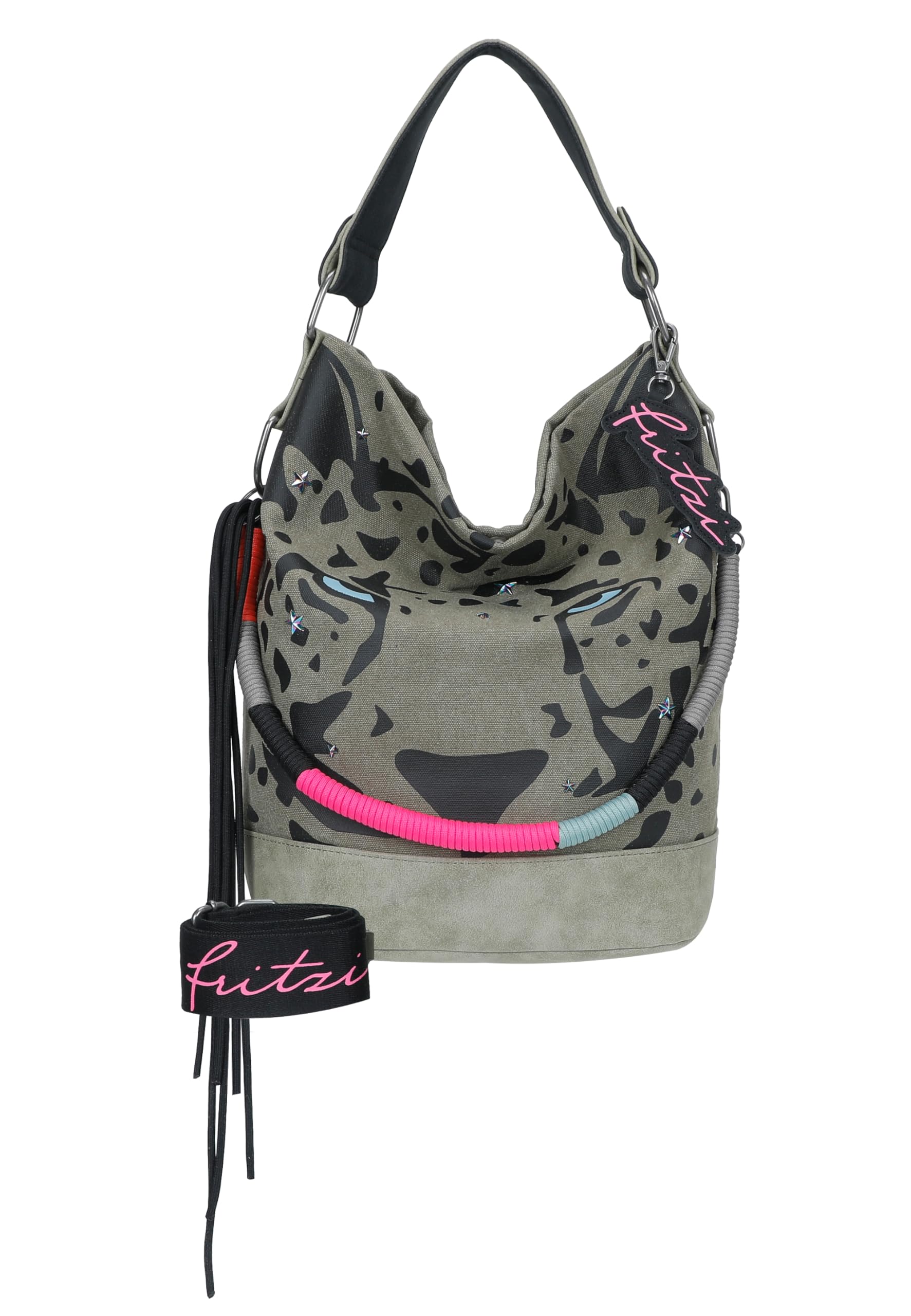 Fritzi Izzy07 Olga Limited Canvas Hobo Damen Schultertasche Handtasche Canvas Magnet Innenfach Leoprint Freizeittasche Alltag Reisen Freizeit Arbeit 37 x 27 x 17 cm, Schwarz