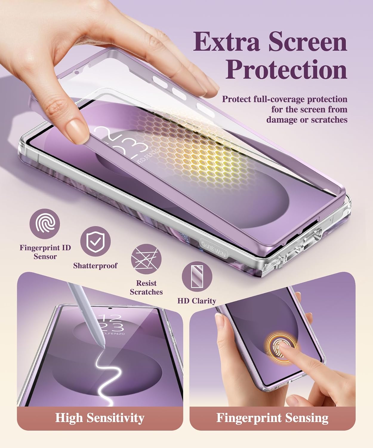 GVIEWIN for Samsung Galaxy S25 Ultra Case, [Slide Camera Cover & Built-in HD Screen Protector] [2 Front Frames] Shockproof Military Grade Protective Marble Phone Case 6.9" (Quicksand/Purple) - Image 8