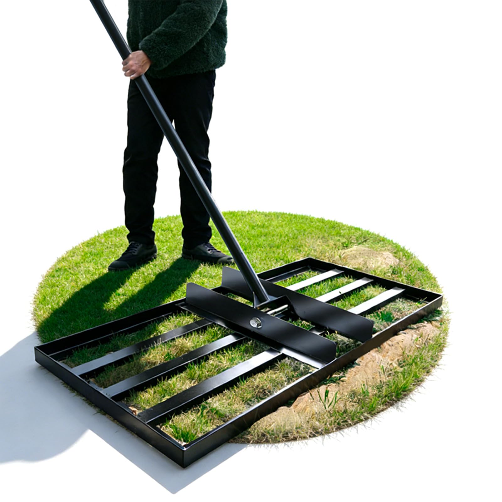 【75 x 25 cm】 Rastrello livellante per prato con manico telescopico da 2 m e sistema di presa a manopola (a prova di colpa) – raschietto per prato in acciaio inox per un facile livellamento di prato