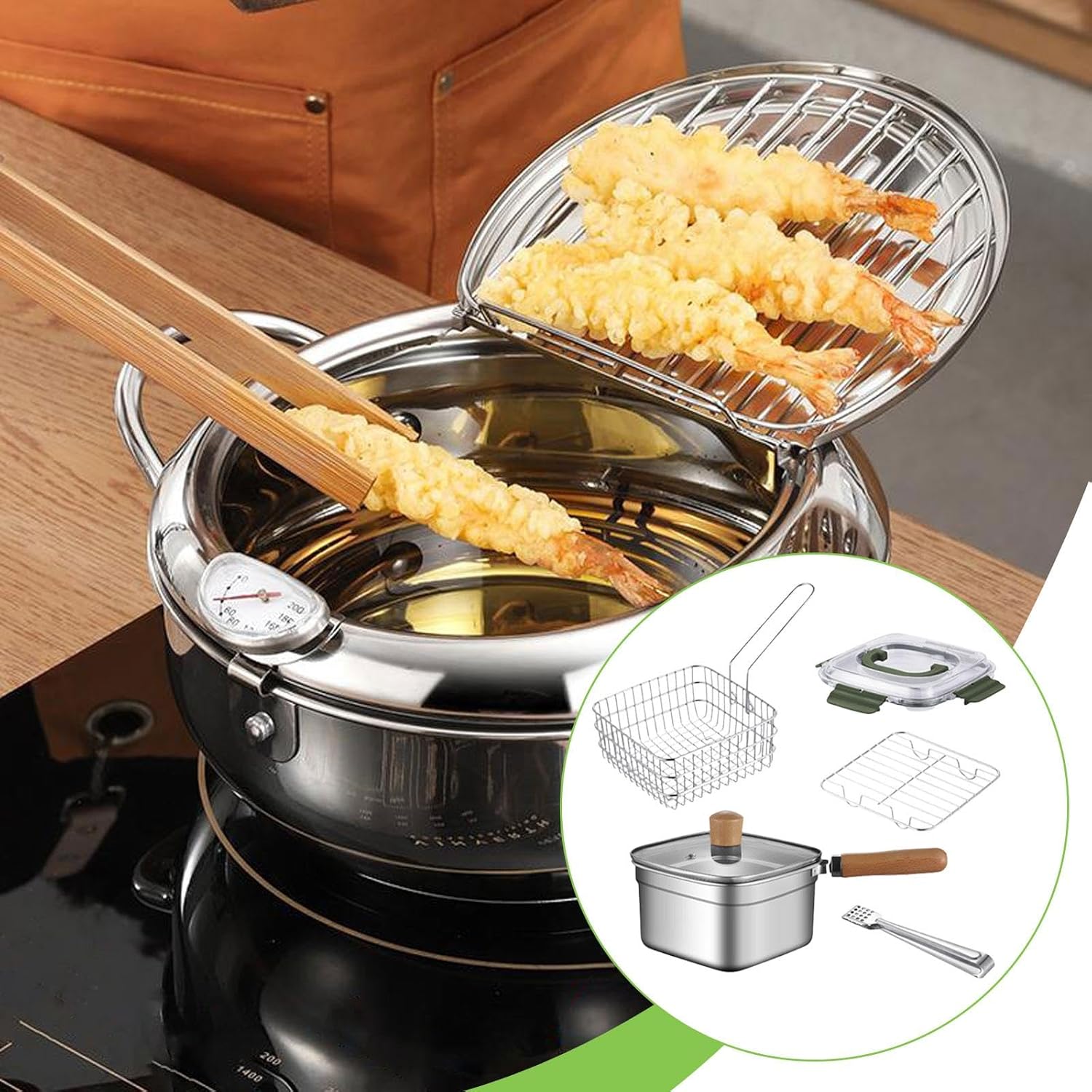 Mini Deep Fryer Pot Frying Serving Basket Outdoor Multifunctional with Handle Lid Fryer with Basket for Chicken French Fries