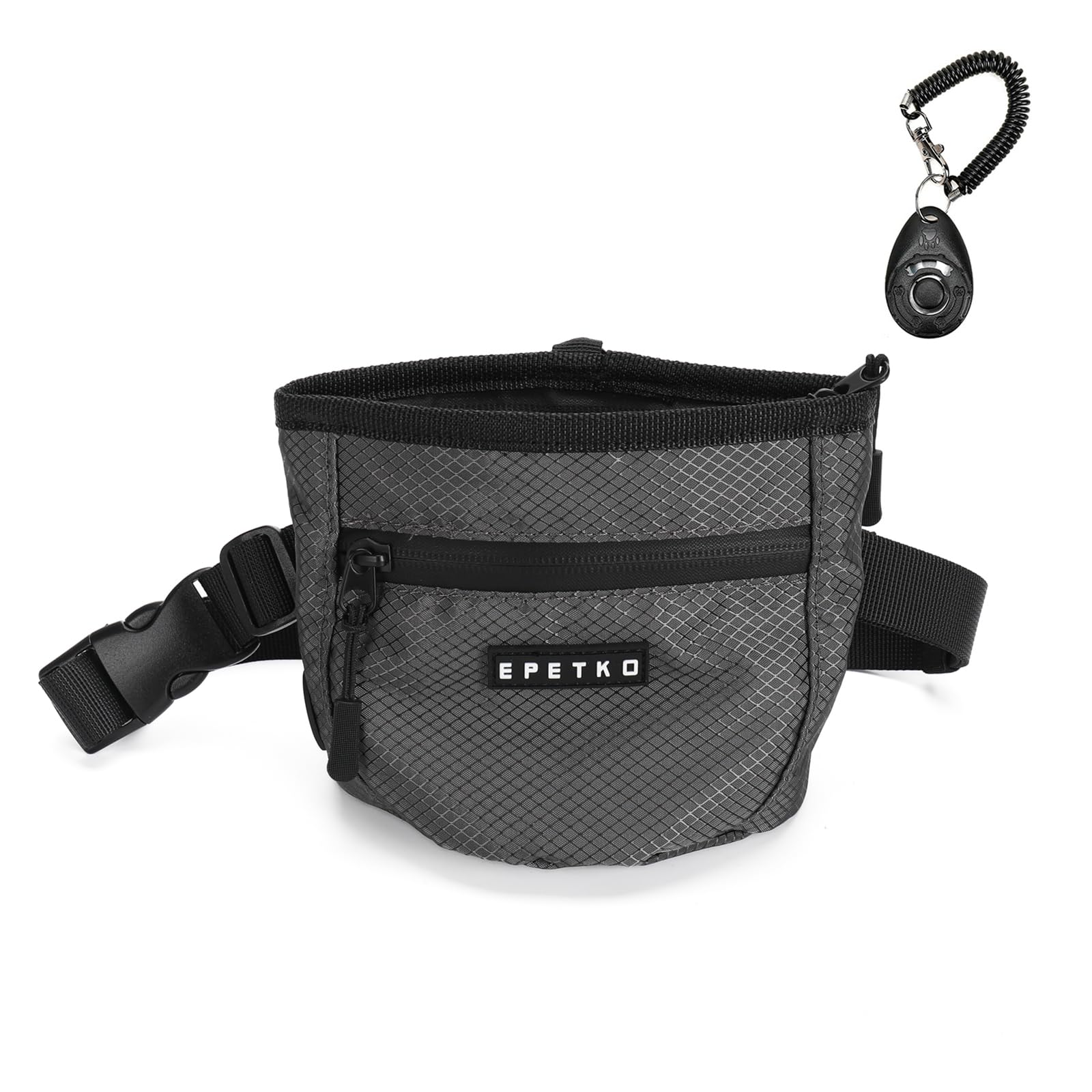 EPETKO Dog Treat Pouch and Training Clicker, Small Dog Treat Bags with Magnetic and Zipper Closure Waterproof and Durable Treat Bag Suitable for Pet Walking (Gray)