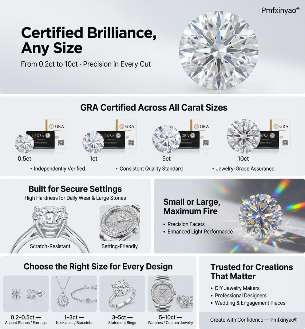 0.2-10 Carats Moissanite Loose Gemstone, Round Cut, D Color VVS1 Clarity, with GRA Certificate. - Image 7