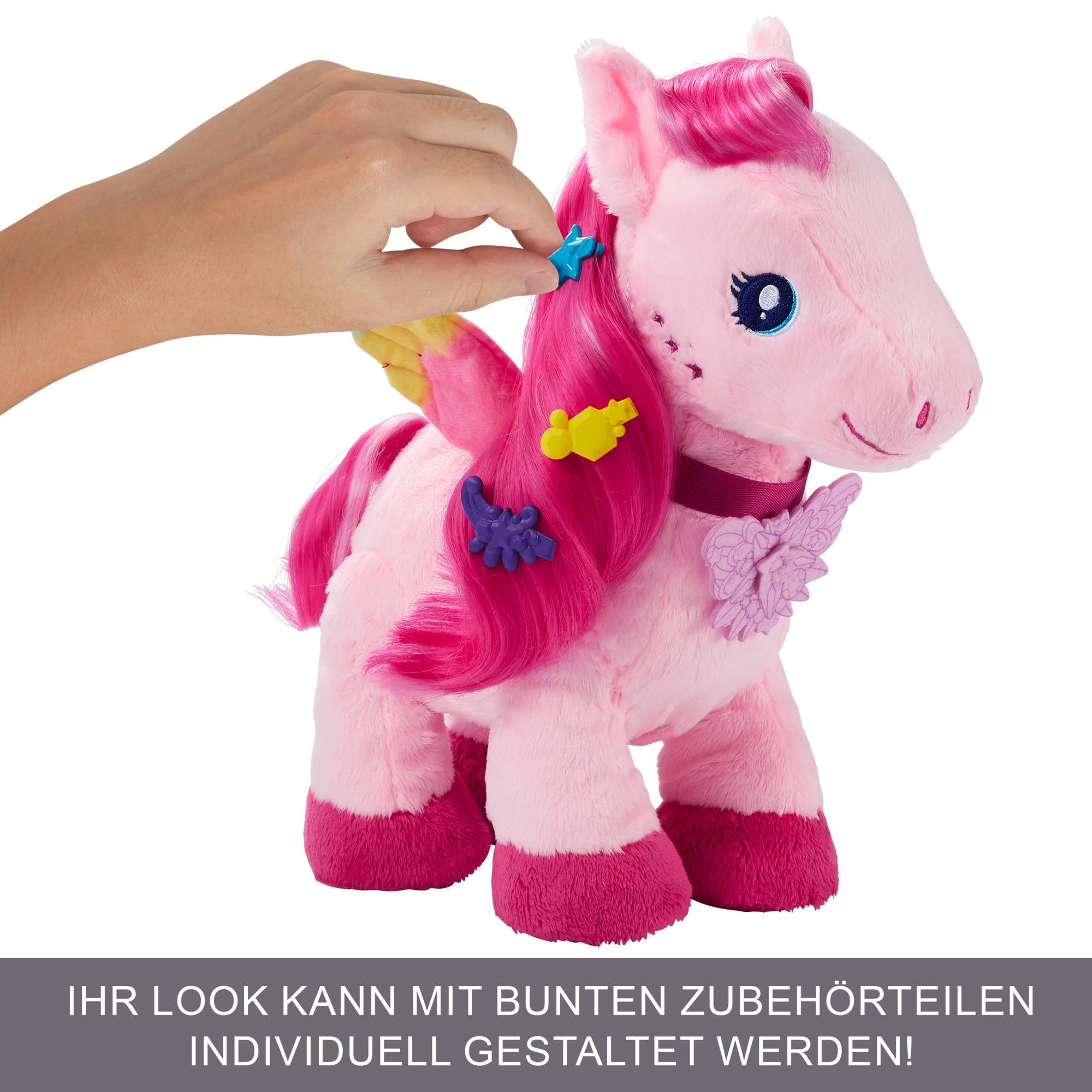 Barbie Mattel Touch of Magic - Gehender und flatternder Plüschpegasus mit Leine, Schmetterlingstaste zum Abspielen von Gesang, Kamm und Spangen, für Kinder ab 3 Jahren, HPJ50