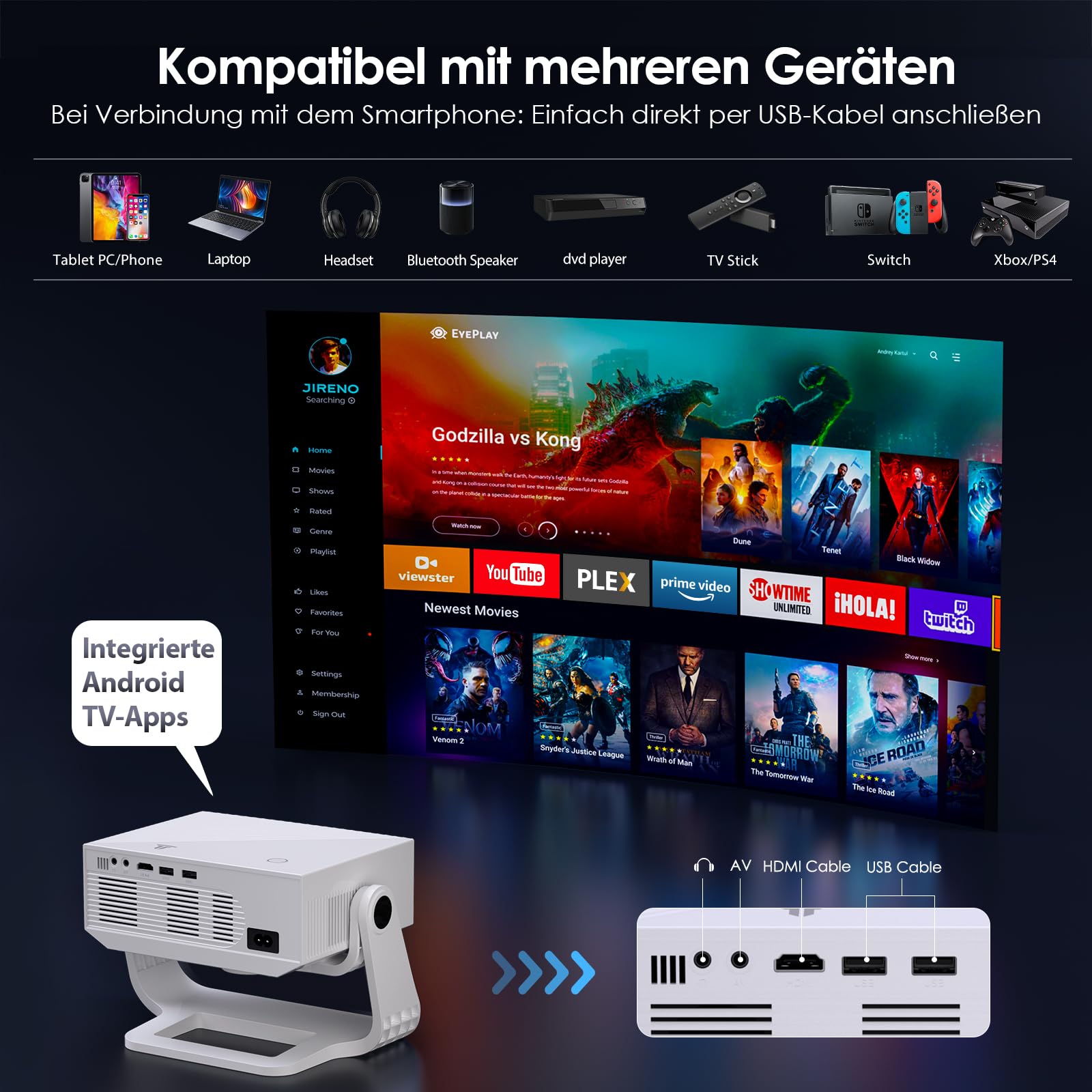 Wielio Upgrade Smart Beamer,integrierter App, Unterstützung 4K,WLAN&BT Projekto, 120° verstellbarem Ständer, vertikale Trapezkorrektur und elektronischer Fokus Heimkino Beamer für Handy/PC