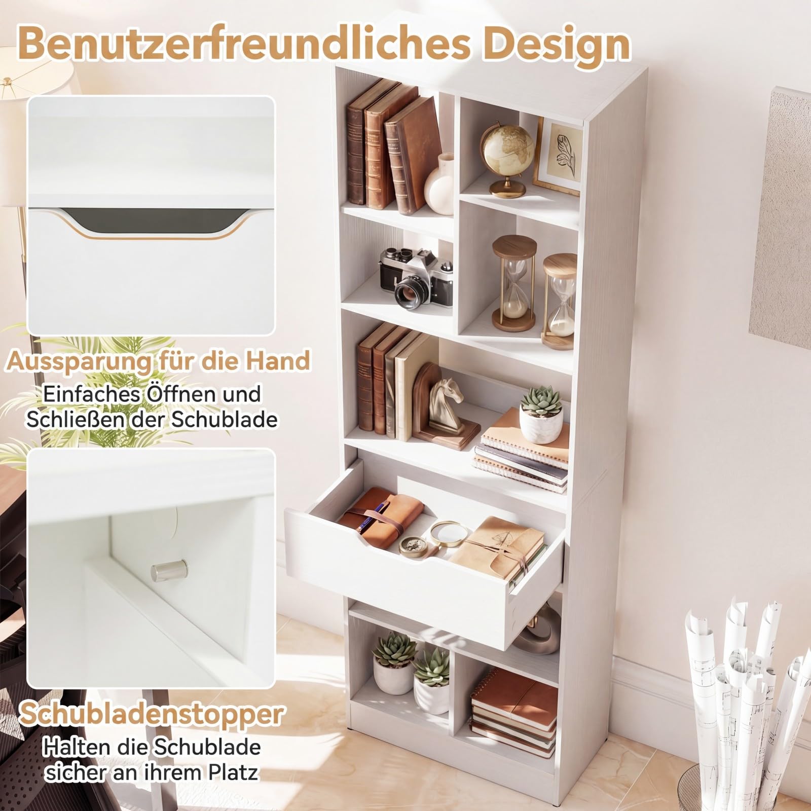 COSTWAY Bücherregal mit 7/8 Fächern & Schublade (50 x 24 x 155 cm,Weiß)