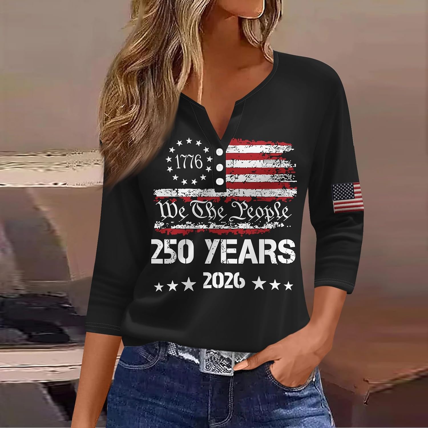 Women's 4Th of July Shirt, 3/4 Sleeve American Flag T-Shirts, Button V Neck Patriotic Tops, S-3XL