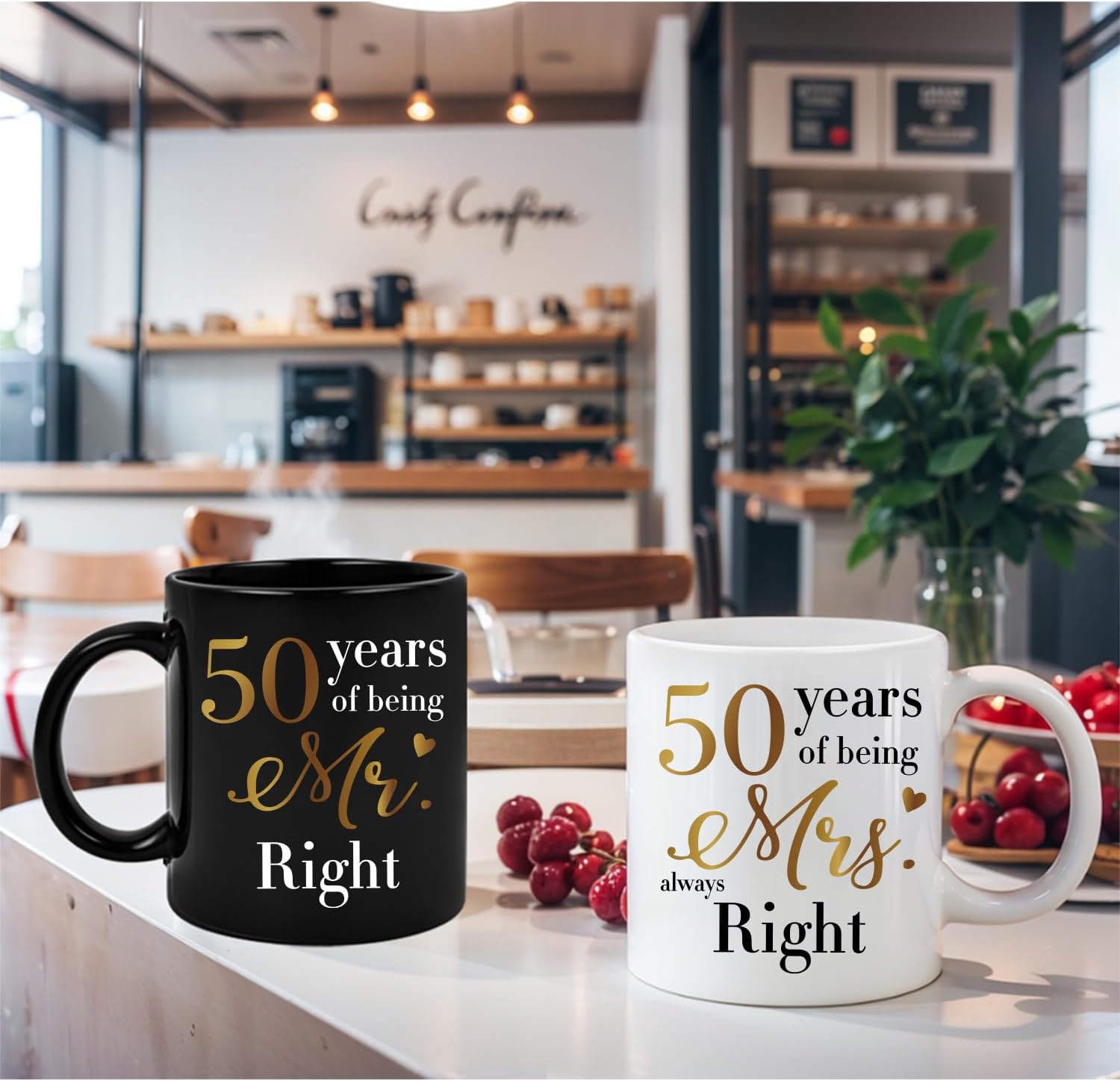 50th Anniversary Coffee Mug Set, Ideal Gift for Mr Right/Mrs Always Right, 50th Wedding Anniversary Decoration Gift Cup for Couples Parents Grandparents, 2 Black and White Mugs-z34