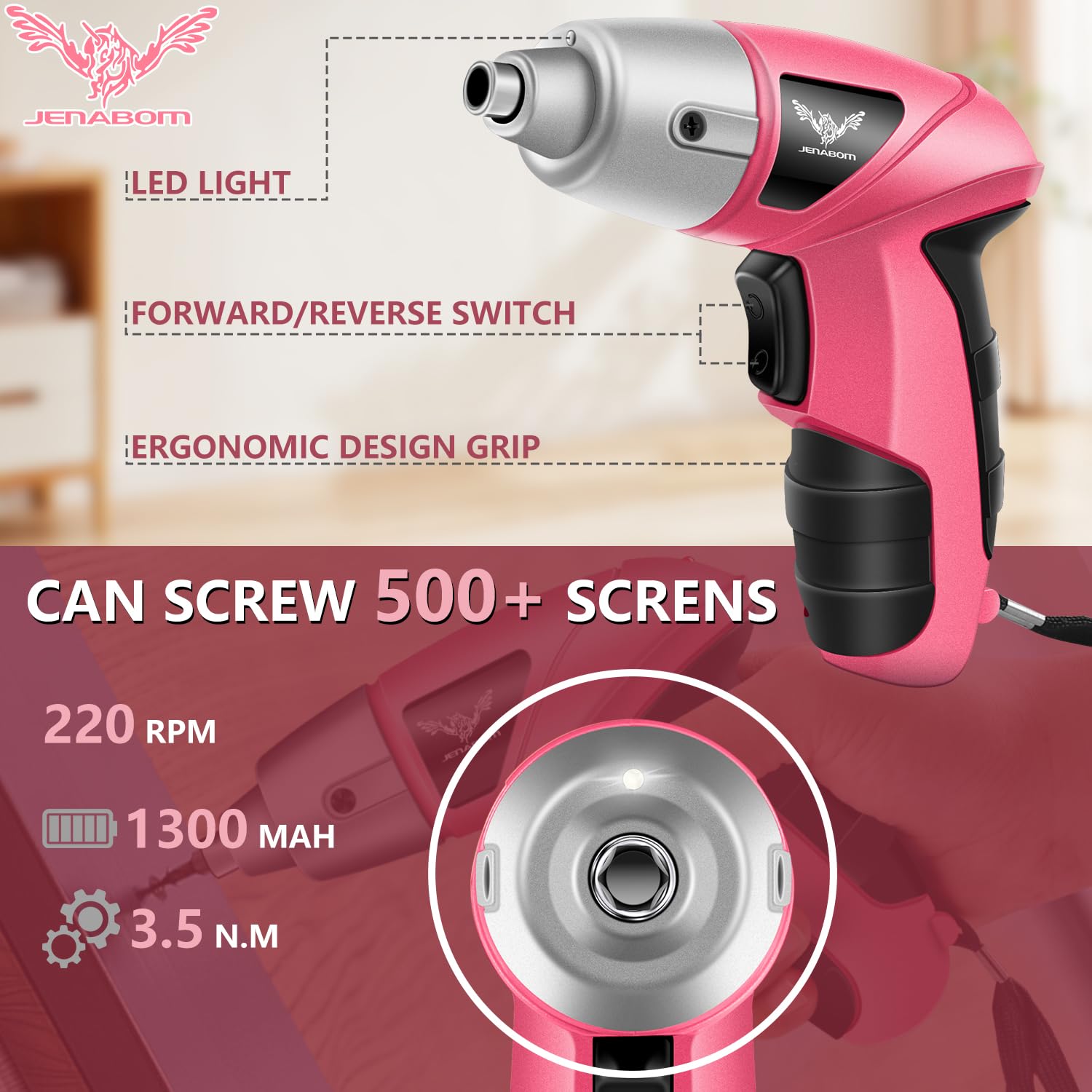 JENABOM Electric Cordless Screwdriver, 3.6V Rechargeable Screwdriver, 3.5N.m Max Torque, LED Light, 24 Pcs - Image 3