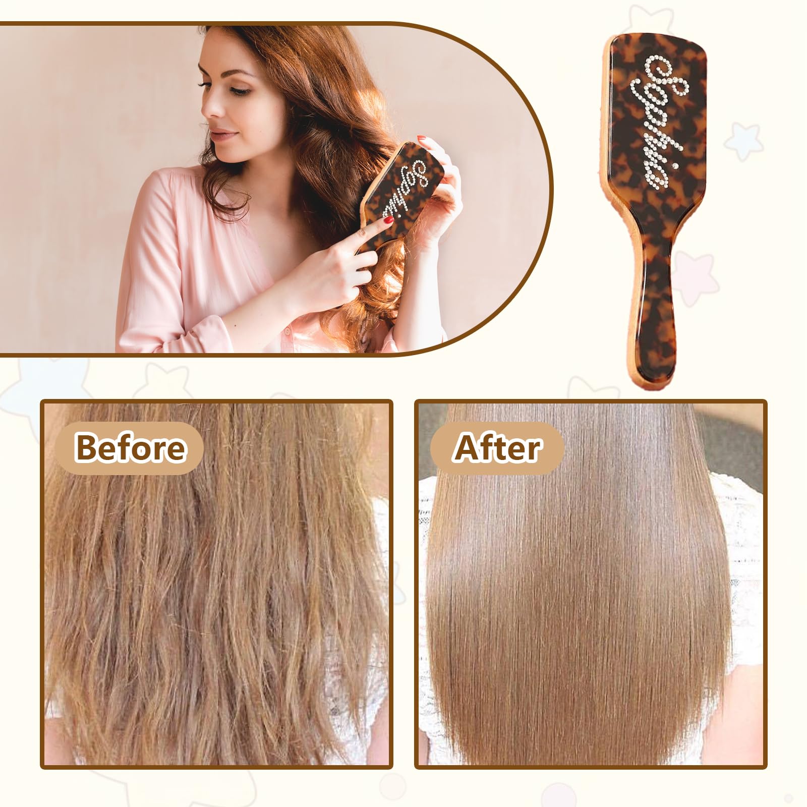 Cepillo de pelo personalizado con nombre de diamantes de imitación, cepillo de madera de bambú personalizado para mujeres, hombres y niños, para cabello fino y largo rizado, salud y masaje del cuero