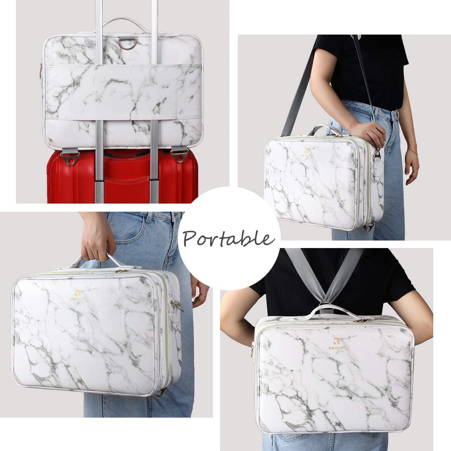 Adson Large Makeup Bag 3 Layers Professional Train Cosmetic Bag Makeup Organizer Case Artist Storage Brush Box with Adjustable Dividers and Strap for Makeup Accessories (White Marble Pattern) 2