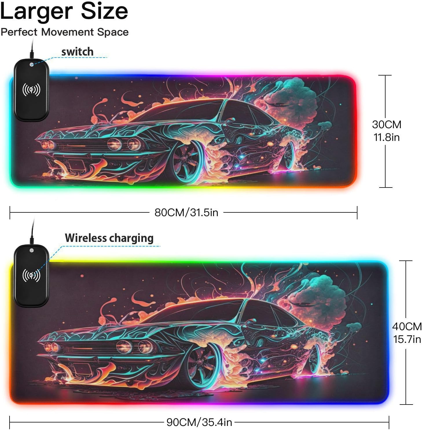 AIXIWAWA (Neon Car Wireless Charging Mouse Pad 15w RGB Glowing Mouse Soft Mat Large Oversized Gaming Keyboard Pad for Desk