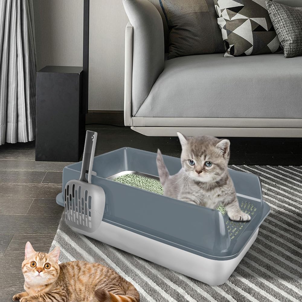 Maison de Toilette pour Chat,Bac à Litiere Haute en Acier Inoxydable, Bac Litiere pour Chat, Cat Litter Box, Pelle, 60 x 40 x 30 cm (Acier Inoxydable) (Gris)