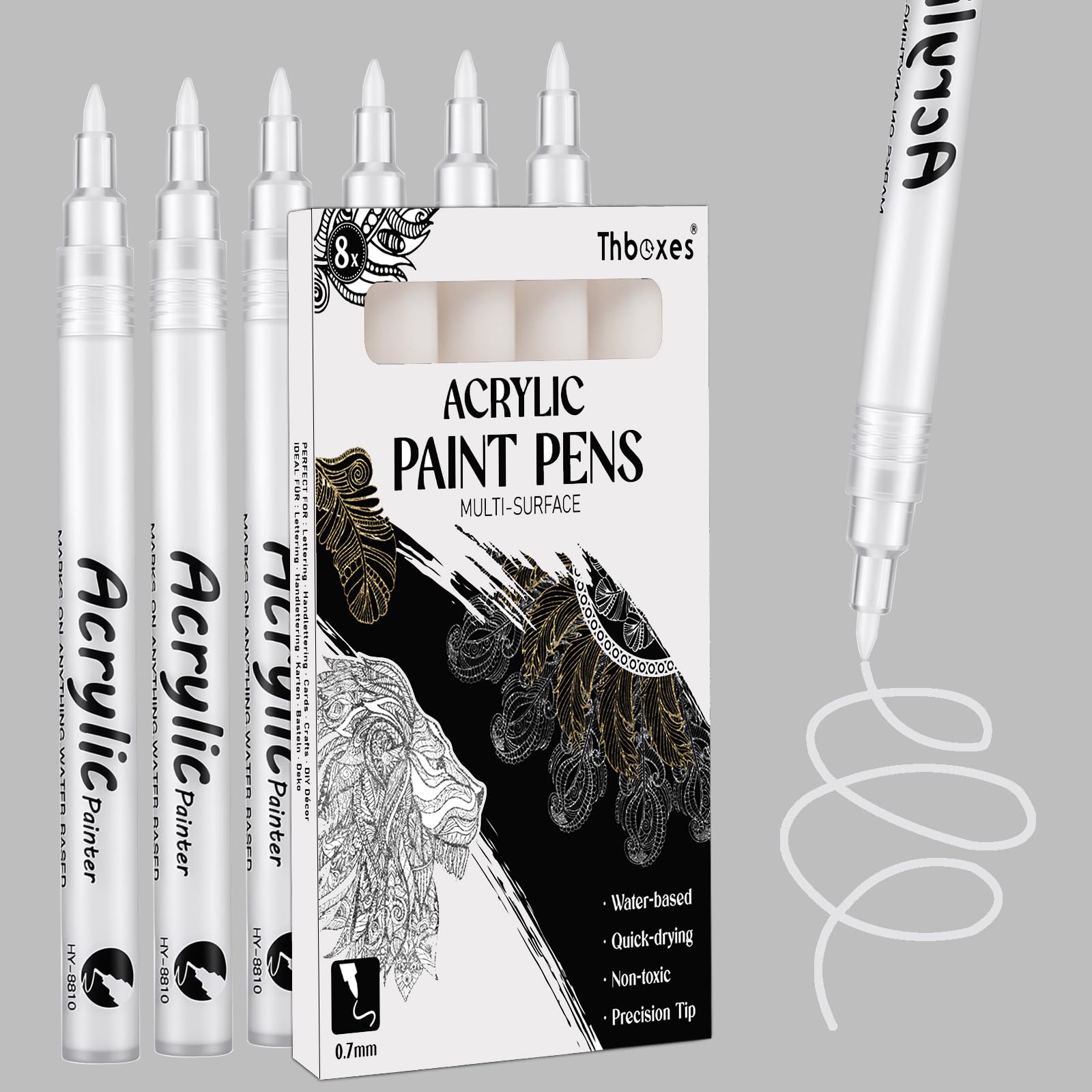 Thboxes White Acrylic Paint Pens 8 Pack 0.7mm Fine Tip White Paint Marker Pens Waterproof Quick Dry for Rock Wood Metal Glass Plastic Canvas Fabric DIY Crafts — image 1