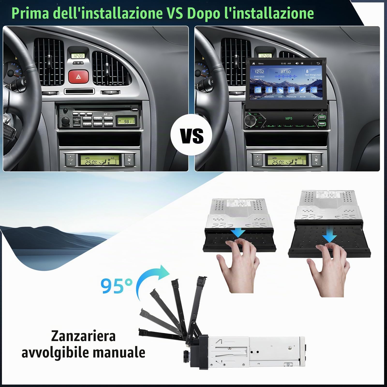 CAMECHO 1 Din Autoradio Wireless Carplay HD IPS Touchscreen con Telecamera Posteriore, 7 Pollici Radio Bluetooth Manuale Schermo Retrattile con Android Auto FM Specchio Vivavoce Link SWC