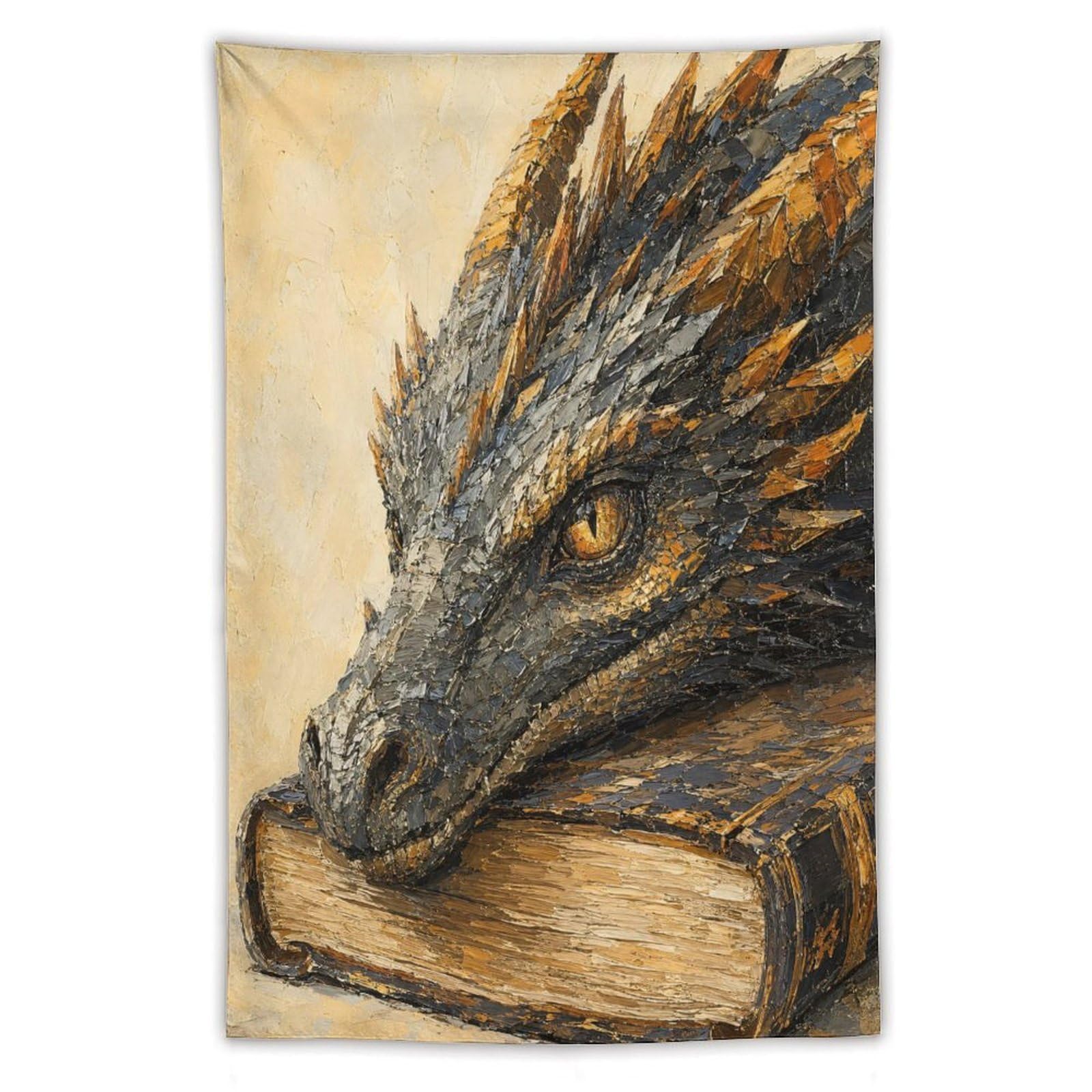 H3B8U2Y5 Dragon Resting on Book Wall Tapestry, Surrealist, Living Room