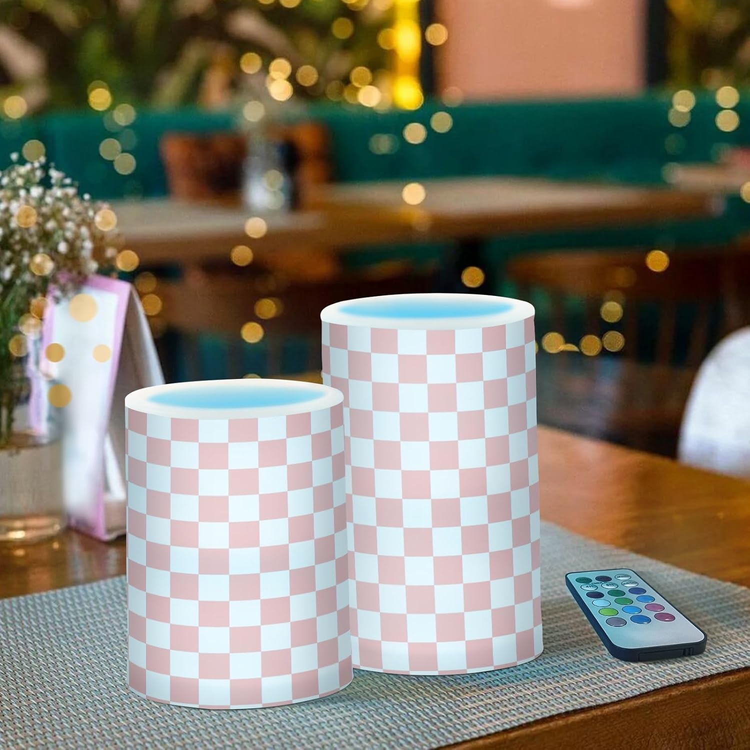 White Pink Checkered Flickering Flameless Candles LED Battery Operated with Remote Timer Pillar Candles for Home Birthday Wedding Christmas Decor, Set of 2