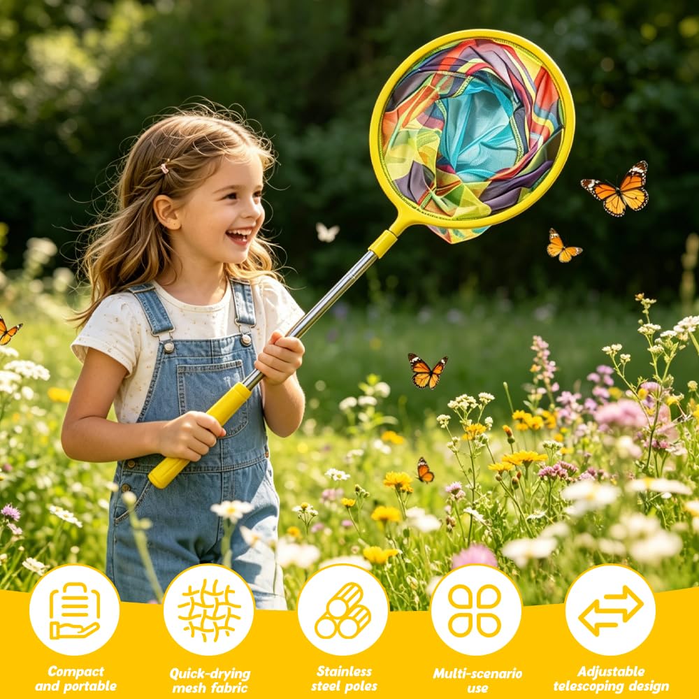 3 pcs Angel Kescher für Kinder, Teleskop Kescher Angeln mit Teleskopstange 55-123cm, Angelkescher Schmetterlingsnetz Klein zum Fangen von Insekten, Schmetterlingen, Fischernetze