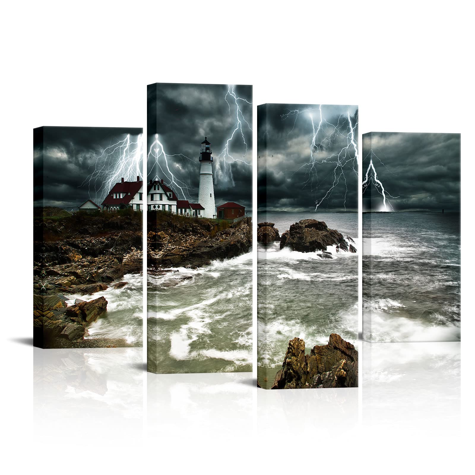 OuElegent 4 Piece Lighthouse Canvas Wall Art Ocean Lightning Storm Painting Pictures Artwork for Living Room Bedroom Wall Decor Stretched and Framed Ready to Hang