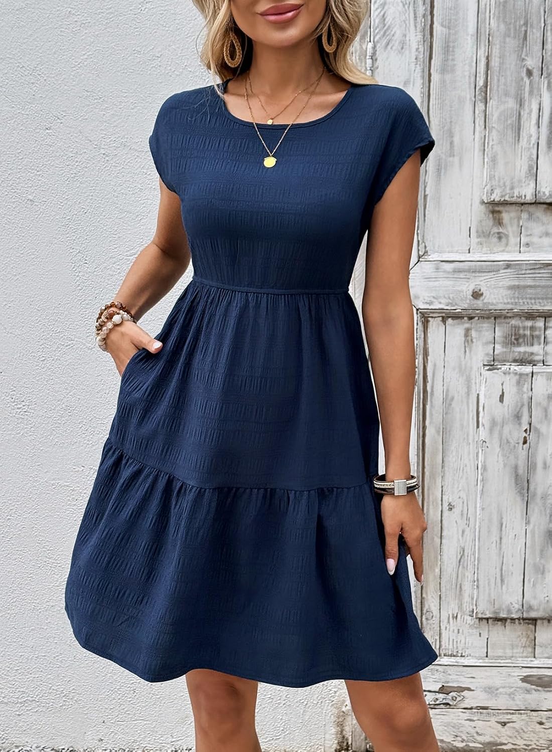 SHEWIN Women Summer Casual Mini Dress Lightweight Textured Boho Sundress with Pocket 2026