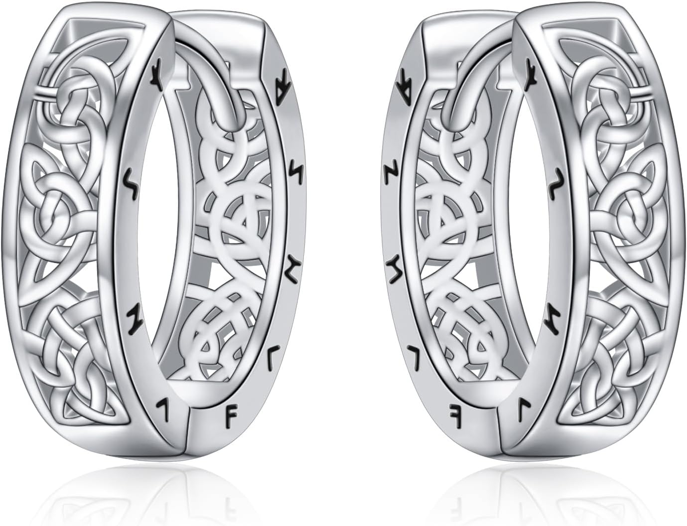 925 Sterling Silver Celtic Viking Runes Huggie Hoop Earrings, Punk Style Norse Jewelry, Unisex Gifts for Men and Women