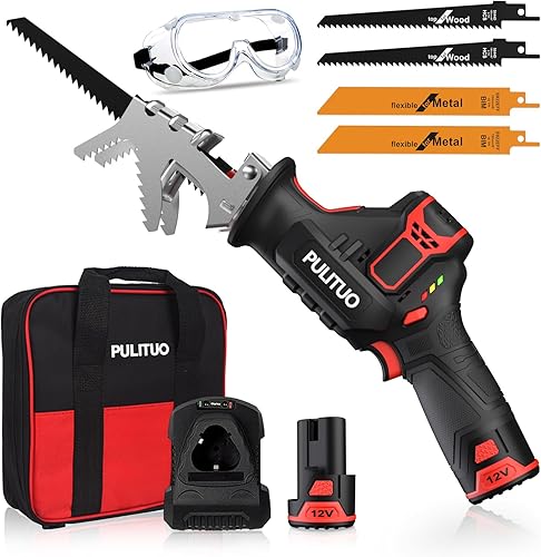 PULITUO Sierra recíproca inalámbrica, velocidad 3000SPM, con mordaza de sujeción, batería de 2000 mAh, carga rápida de 1 hora, guantes de seguridad