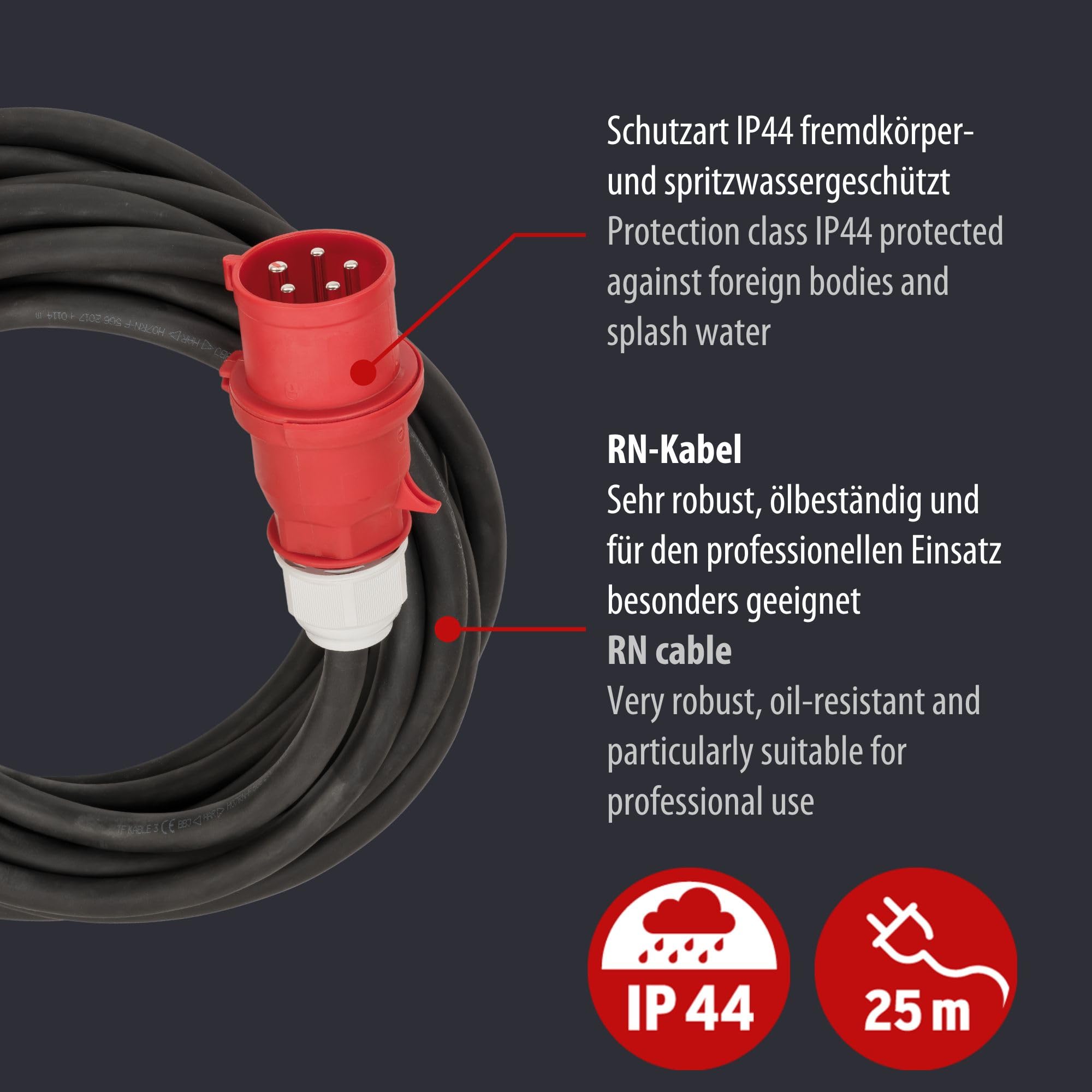 Brennenstuhl Professional przedłużacz cee IP44 (25m kabel, H07RN-F 5G6,0 5-biegunowy z wtyczką CEE i złączem, do zastosowań zewnętrznych IP44, Made in Germany) czarny