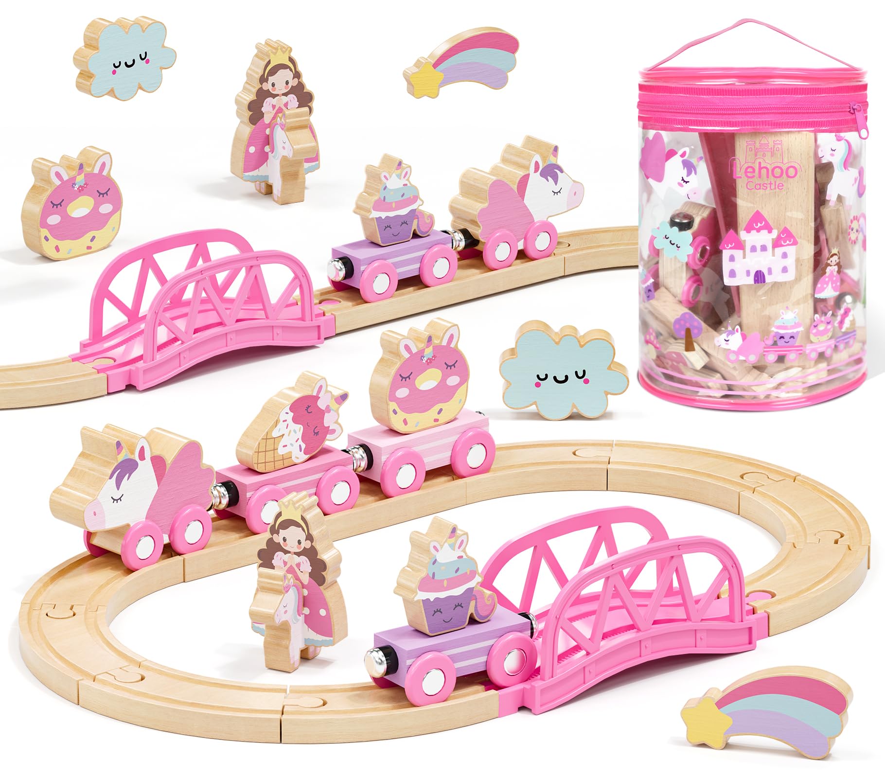 Lehoo Castle Wooden Train Set for Girls, Unicorn Train Set for Toddlers 2-4, Wooden Train Track with Storage Bag, Pink Train Fantasy Toys for 3 4 5 6