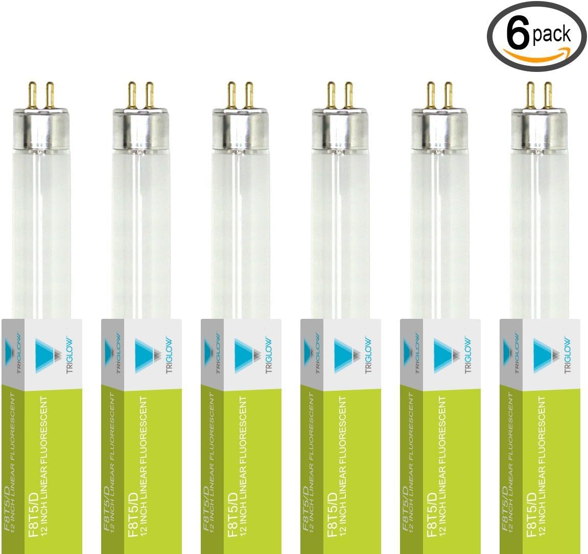 TriGlow T30025 (6 Pack) - F8T5/D, 8 Watt, T5, 6500K Daylight, 12" Straight Fluorescent Tube Light Bulb, 6 Pack