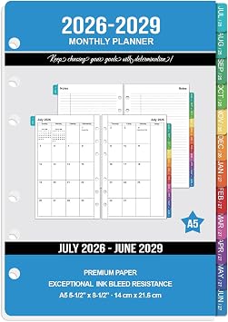 2026-2029 Monthly Planner Refills 36 Months A5 Planner Inserts for 6-Ring Binder, Runs from July 2026 to June 2029, 6-Hole Punched Calendar Inserts 2026-2029 with Tabs, 5-3/4" x 8-1/4"