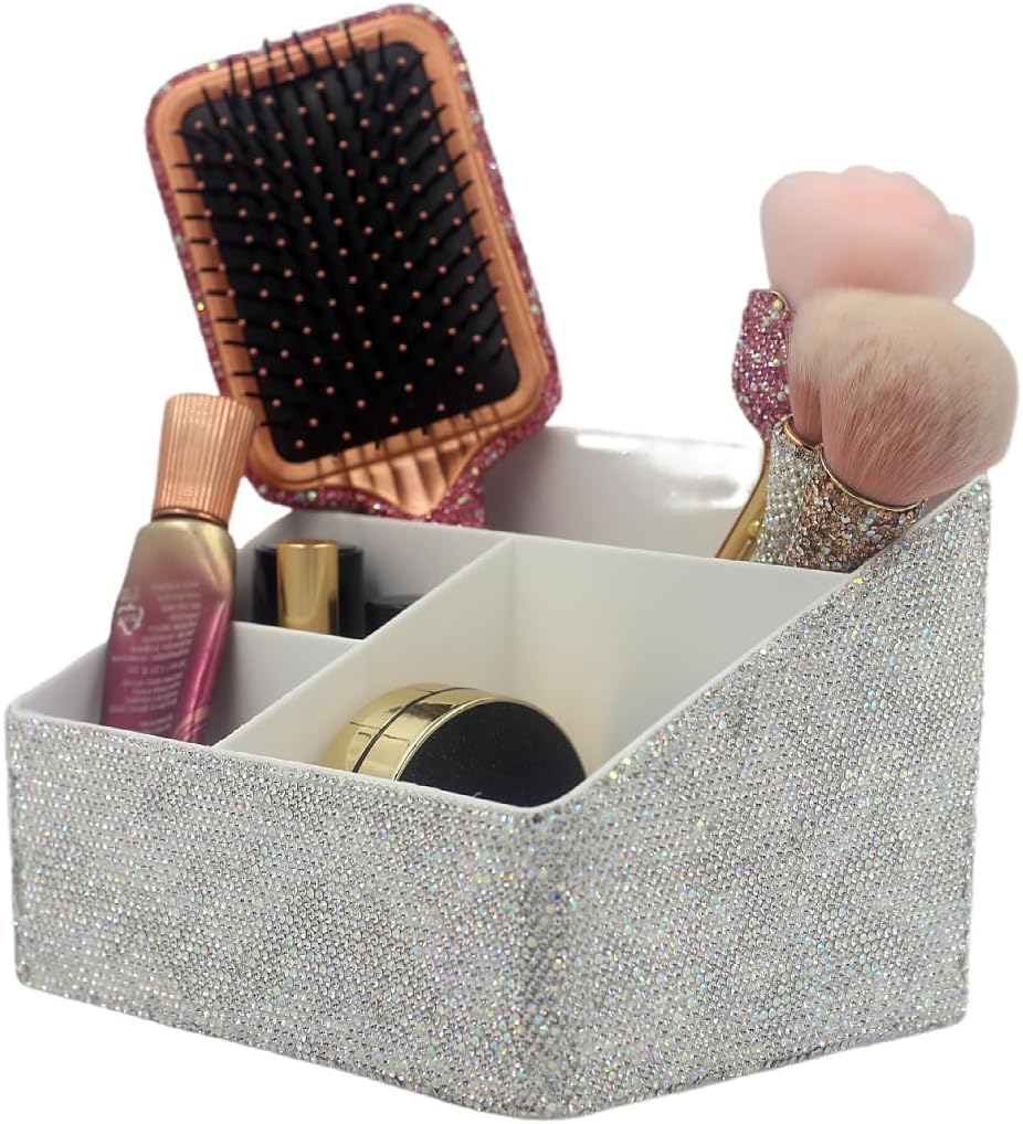 Luxury Bling Rhinestone Multi-functional Organizer Storage– Large Capacity makeup Brushes Lipsticks Storage Box with Compartments for Living Room. Bedroom and office (Siver)