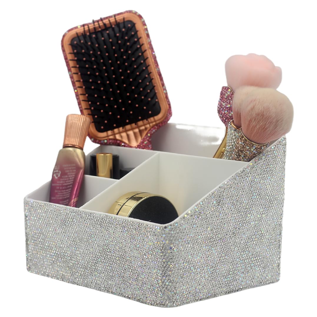 Bestbling Luxury Bling Rhinestone Multi-functional Organizer Storage– Large Capacity makeup Brushes Lipsticks Storage Box with Compartments for Living Room. Bedroom and office (Siver)