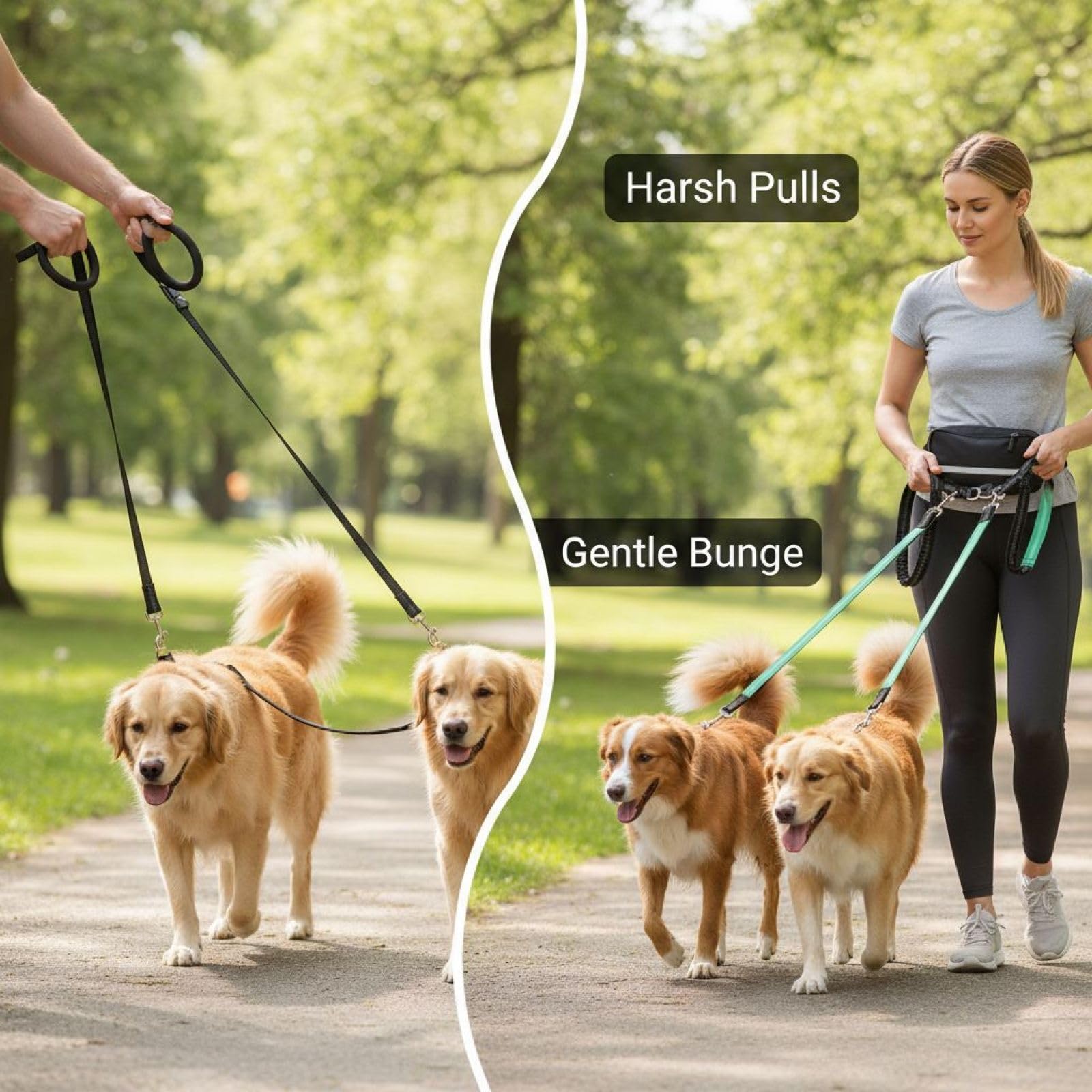 Hände frei Hundeleine mit Tasche, Doppelleine für Zwei Hunde, ausziehbare Bungee-Leine gegen Verheddern, Verstellbarer Hüftgurt, reflektierende Streifen, Nylon, für Spaziergänge und Läufe, Grün