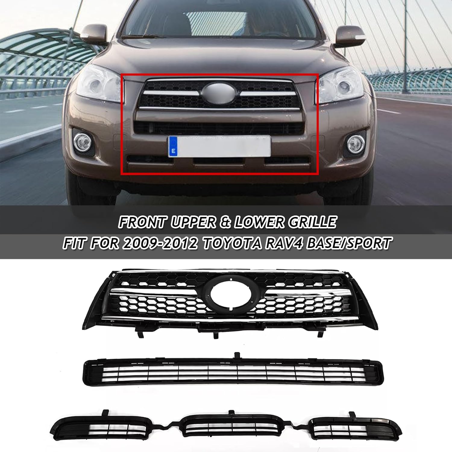 Front Bumper Upper & Lower Grille Assembly Fit For 2009-2012 Toyota RAV4 Base/Sport Black ABS Insert Grill Replacement TO1036114, TO1036115, TO1200315 (Chrome Trim Upper & Lower Grille)