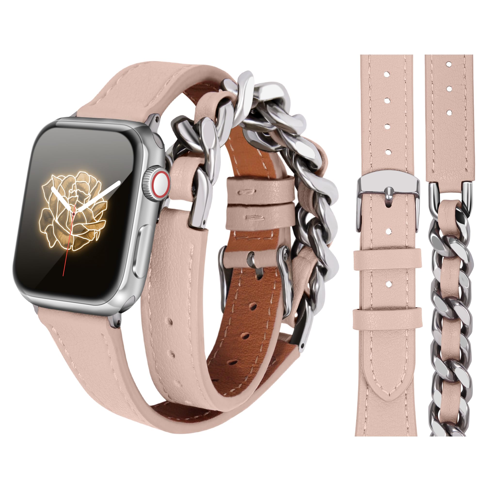 HANDODO Italian Genuine Leather Women Double Tour Band with Stainless Steel Chain Compatible With 38mm 40mm 41mm 42mm 44mm 45mm 46mm 49mm Apple Watch Ultra 2 Ultra Series 10 9 8 7 6 5 4 3 2 1 SE SE2, SGS Certified Strap for iWatch