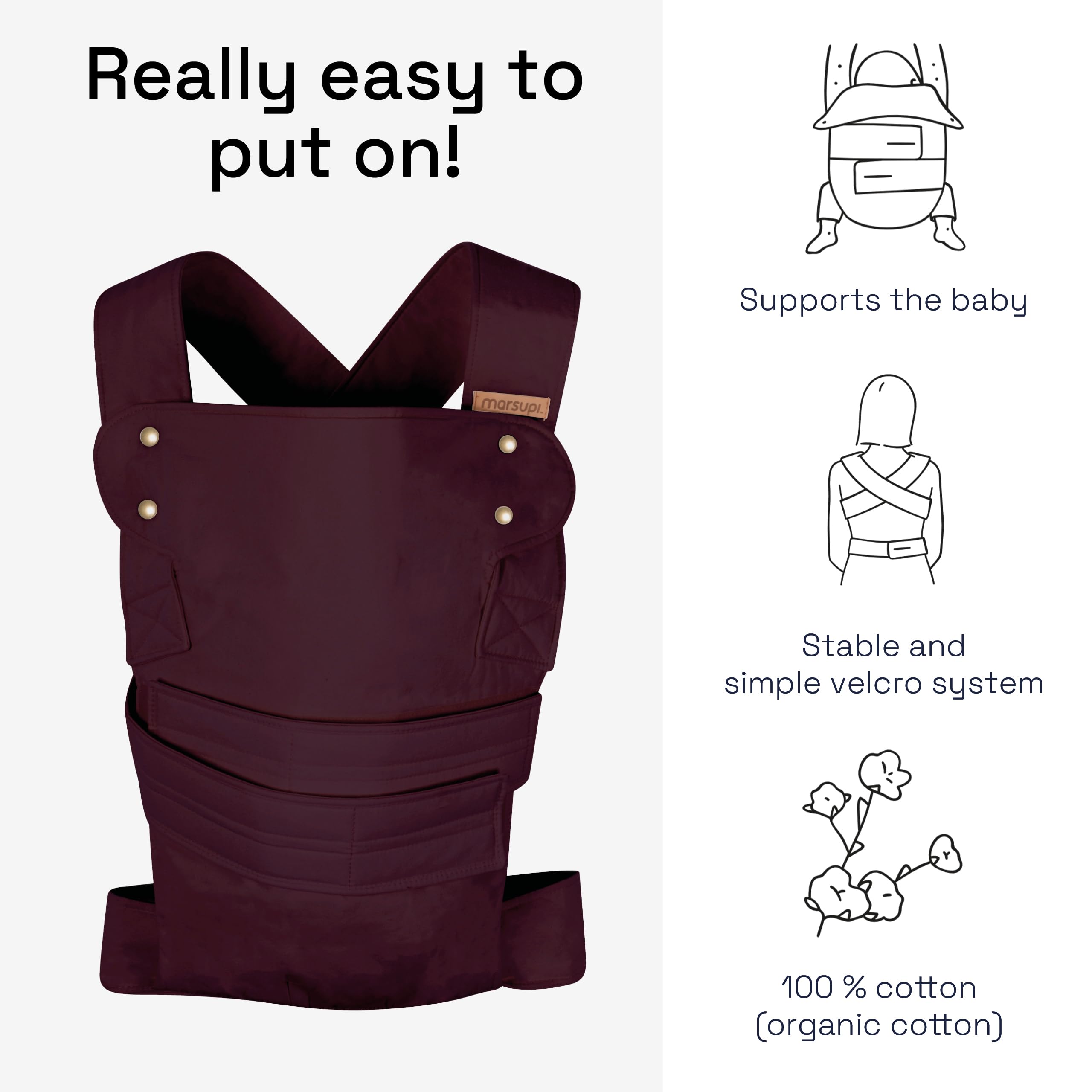 marsupi Classic Baby Carrier - Newborn from Birth up to 15 kg - Baby Equipment - Closure - Lightweight and Compact - Berry L - Image 2