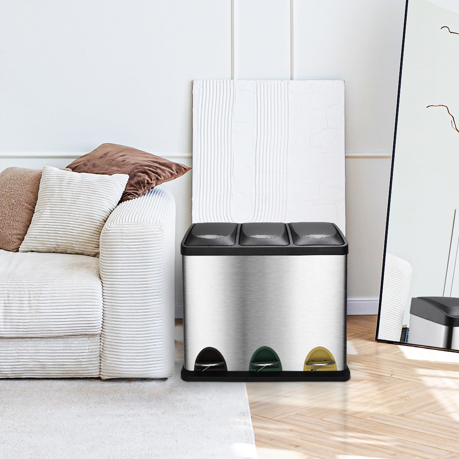LIFERUN Pattumiera a 3 scomparti, 3 x 8 l, sistema di raccolta differenziata della spazzatura da 24 litri, piccola pattumiera a pedale in acciaio inox con coperchio, 3 secchi interni rimovibili