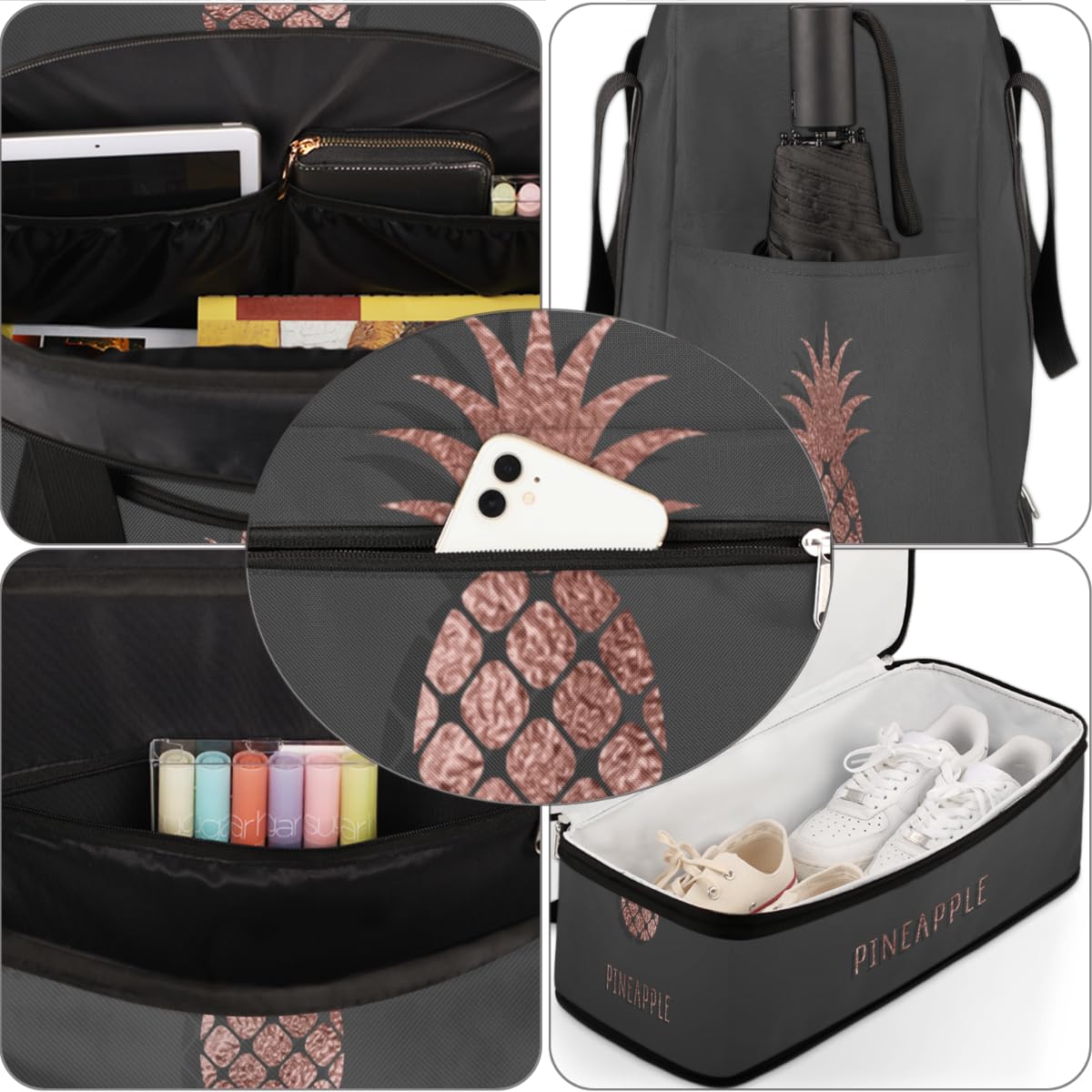 Bolsa de viaje plegable con diseño de piña, bolsa de fin de semana de 47 l con funda de carrito para el hombro, bolsa de mano separada para deportes, gimnasio, viajes, multicolor, 47L, Bolsa de viaje