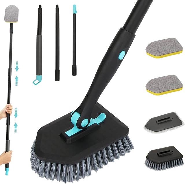 Canvint Bathroom Shower Cleaning Brush, Scrubbing Brush with 51'' Long Handle and Locking Head, Detachable Tile Cleaner Brush Cleaning Products for Shower Floor Bathtub Wall Glass (Black)