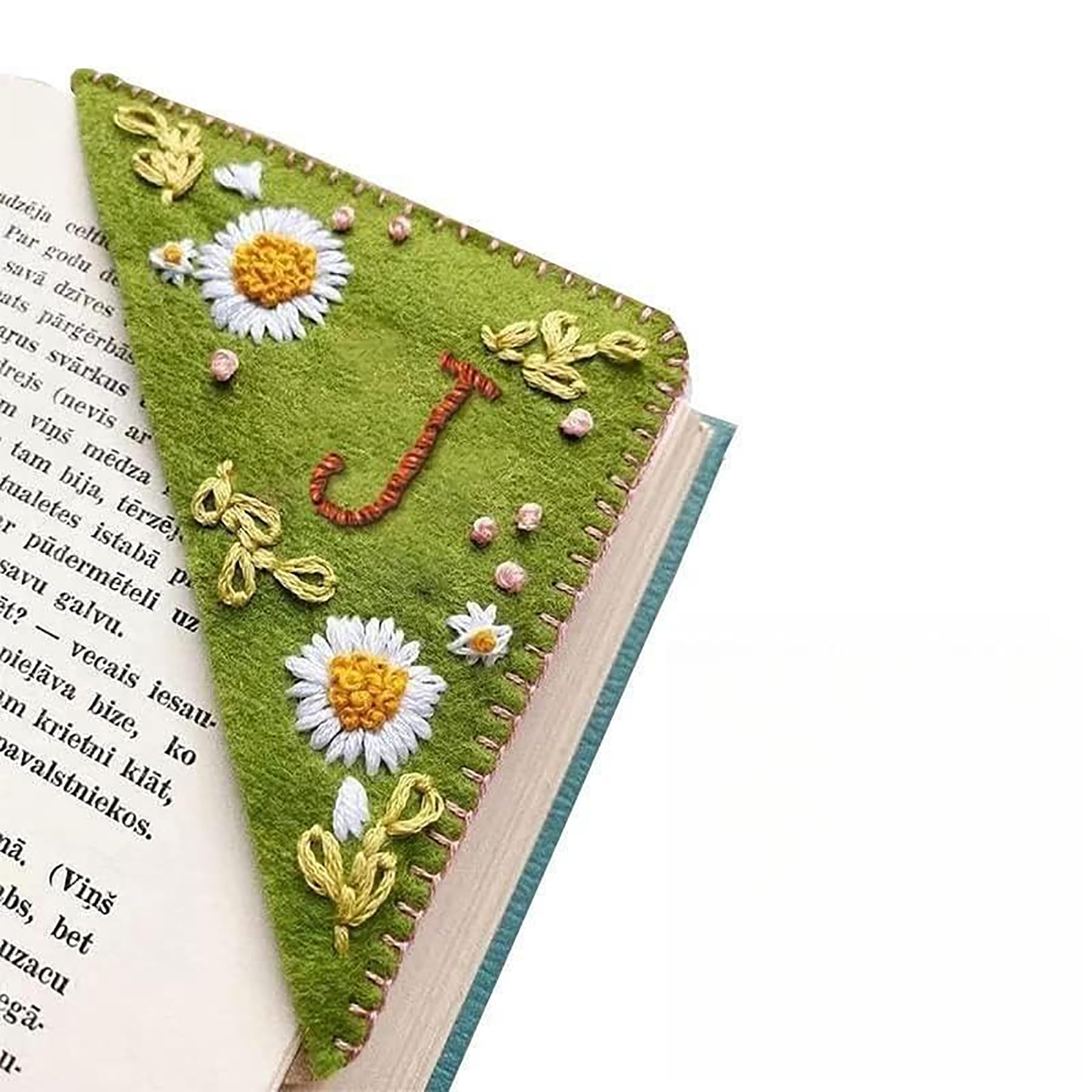 Personalized Hand Embroidered Corner Bookmark,Felt Triangle Page Stitched Handmade Bookmark,Unique Cute Flower Letter Embroidery Bookmarks Accessories for Book Lovers